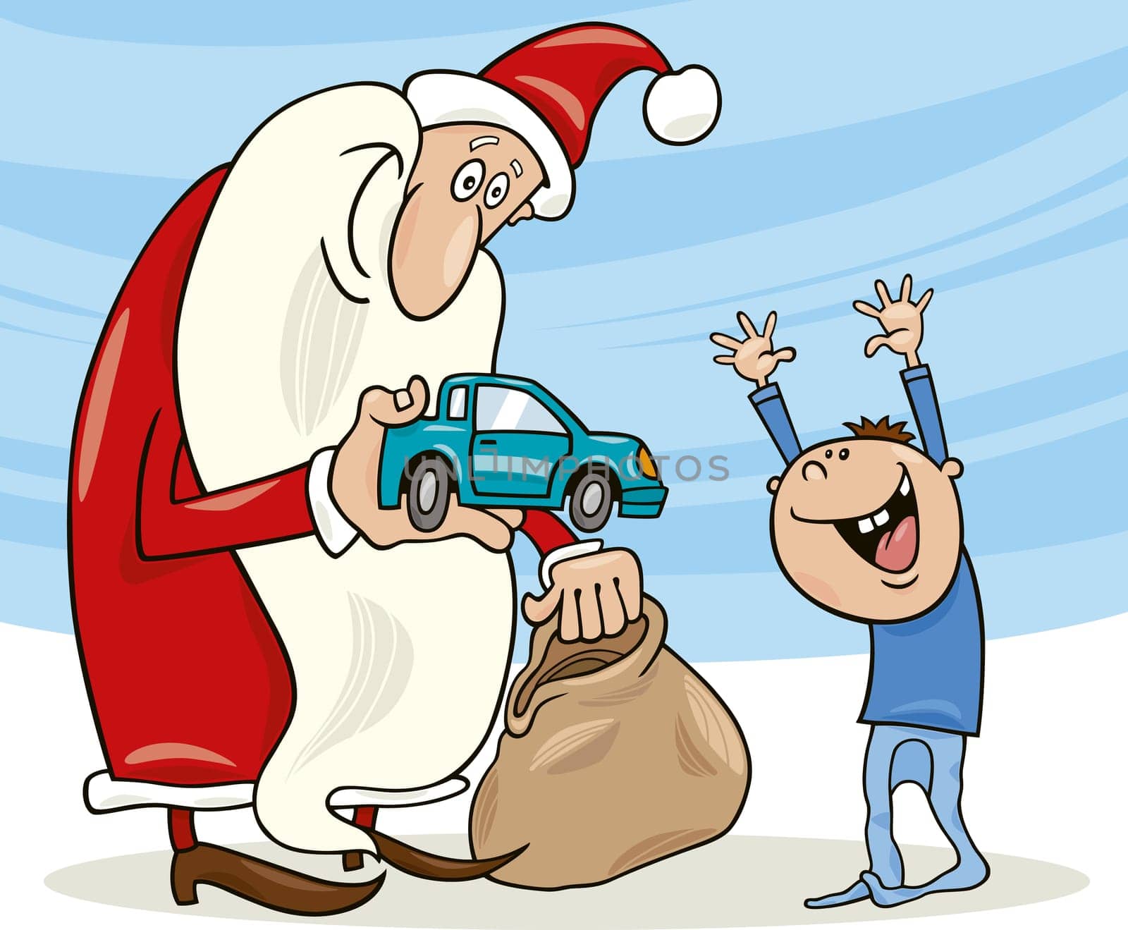 illustration of santa claus giving toy car to happy little boy