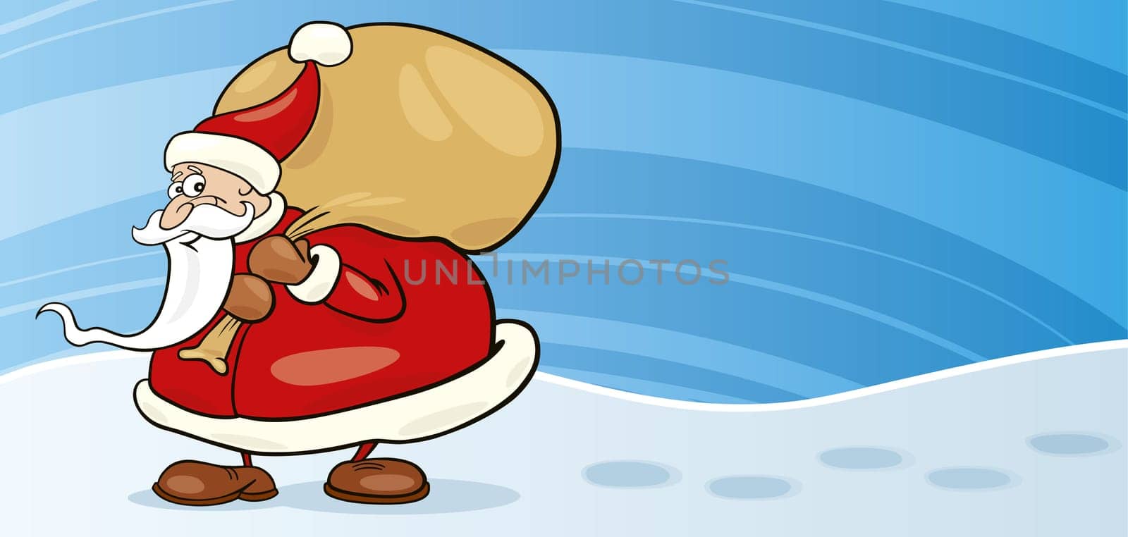 Illustration of funny santa claus with sack of gifts