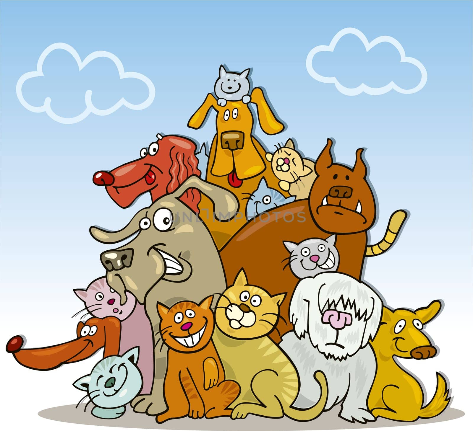 Cartoon illustration of large group of funny cats and dogs