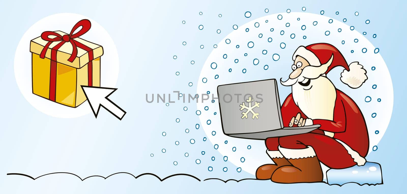 Illustration of santa claus with laptop buying gifts by internet