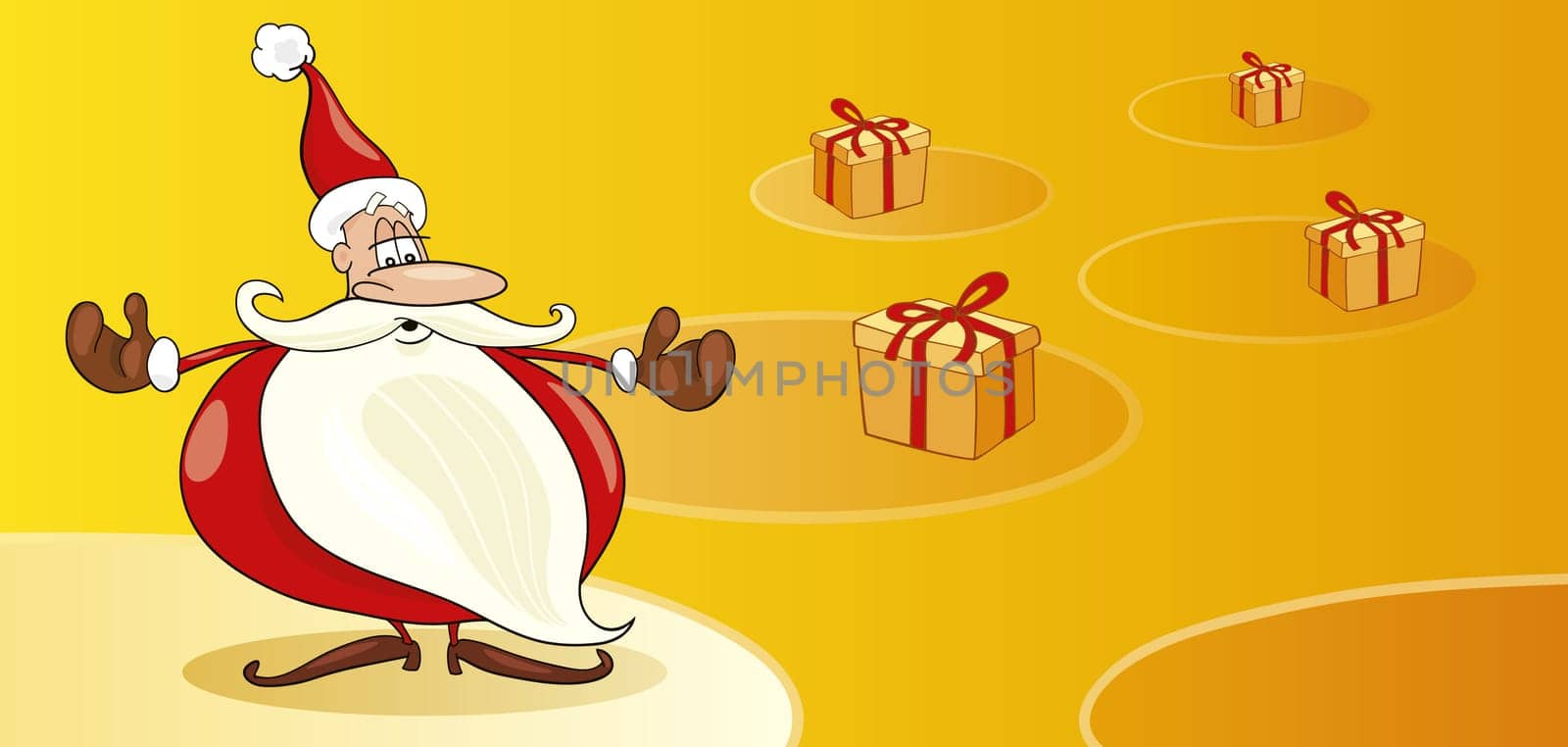 Illustration of funny Santas with gifts