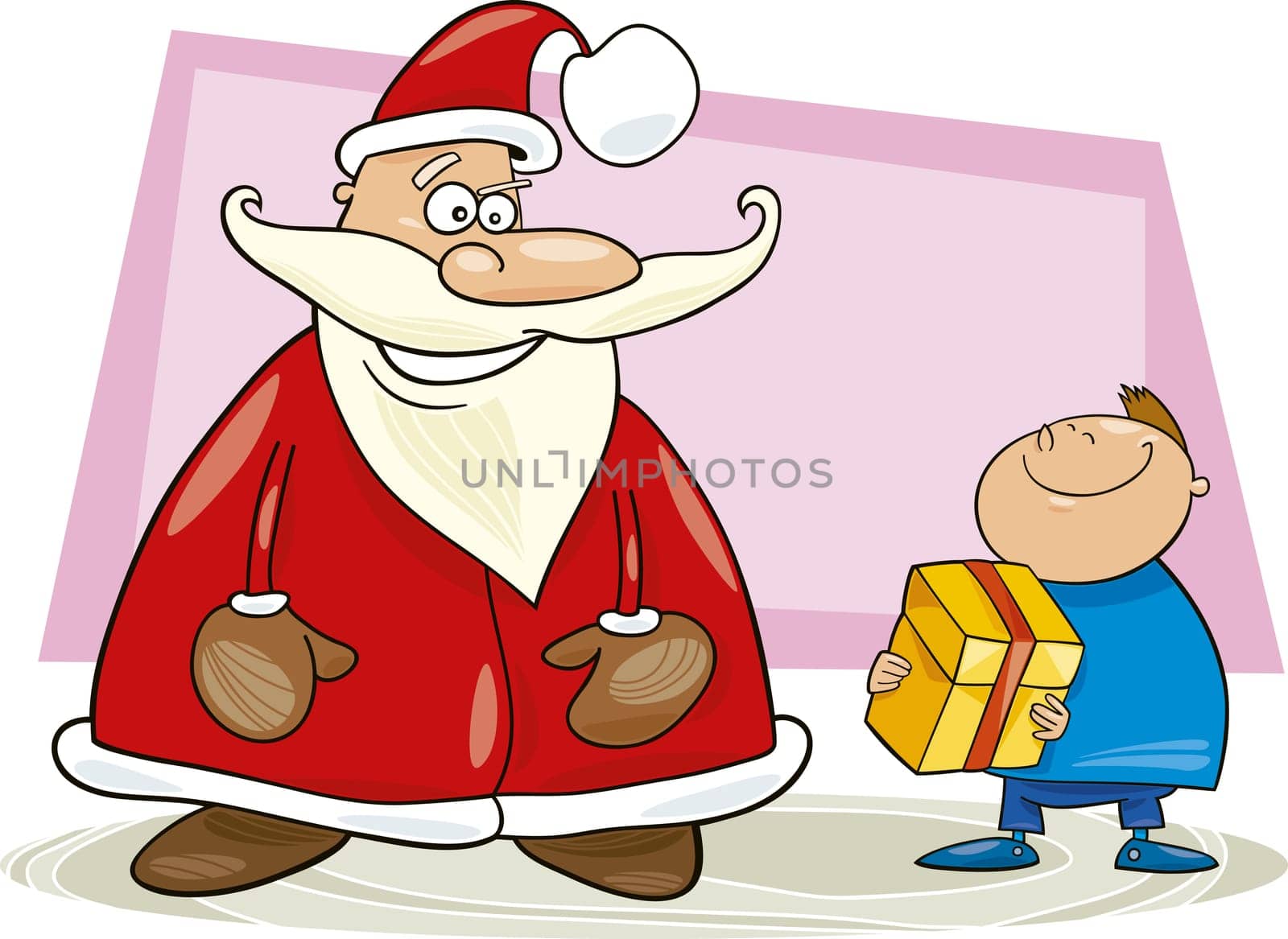 Illustration of funny santa claus with little boy and gift