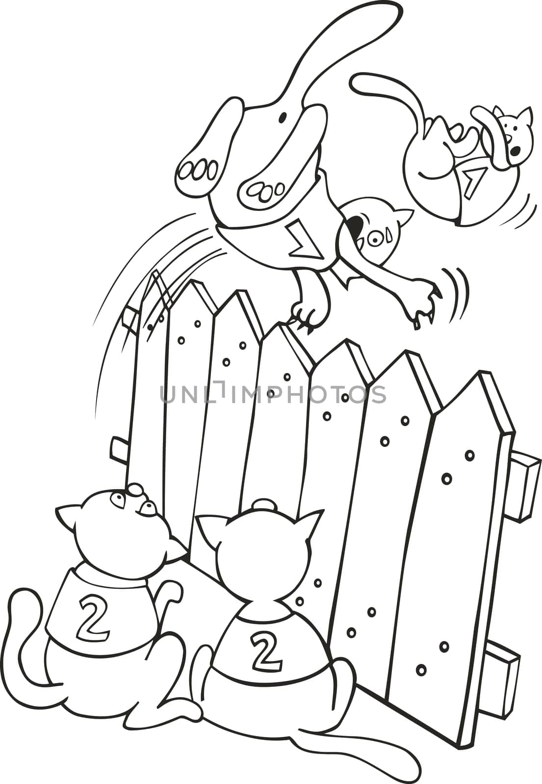 Illustration of cats jumping above the fence for coloring book