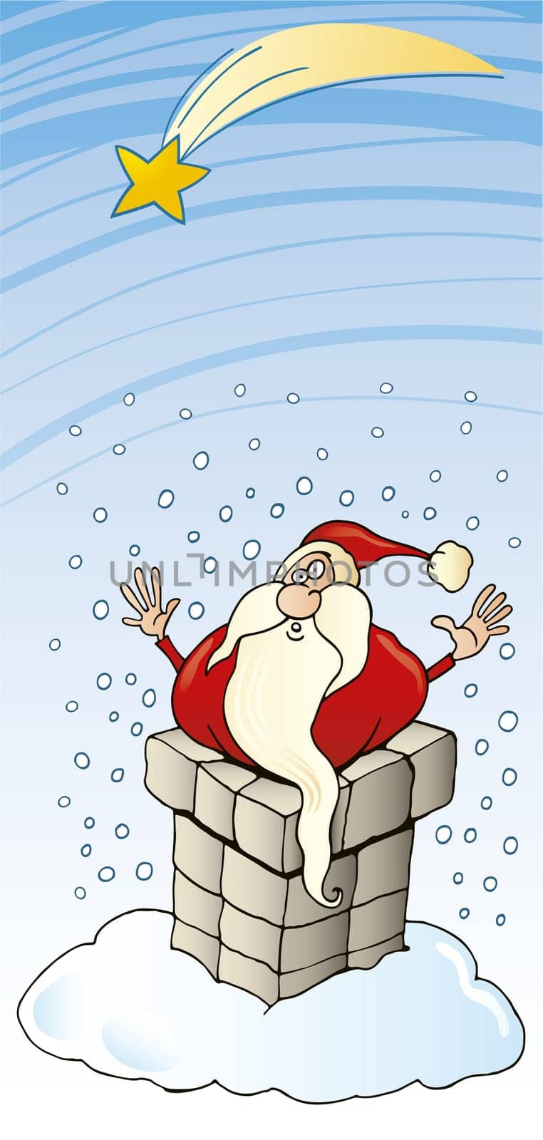 Illustration of Funny Santa Claus stuck in chimney on the roof