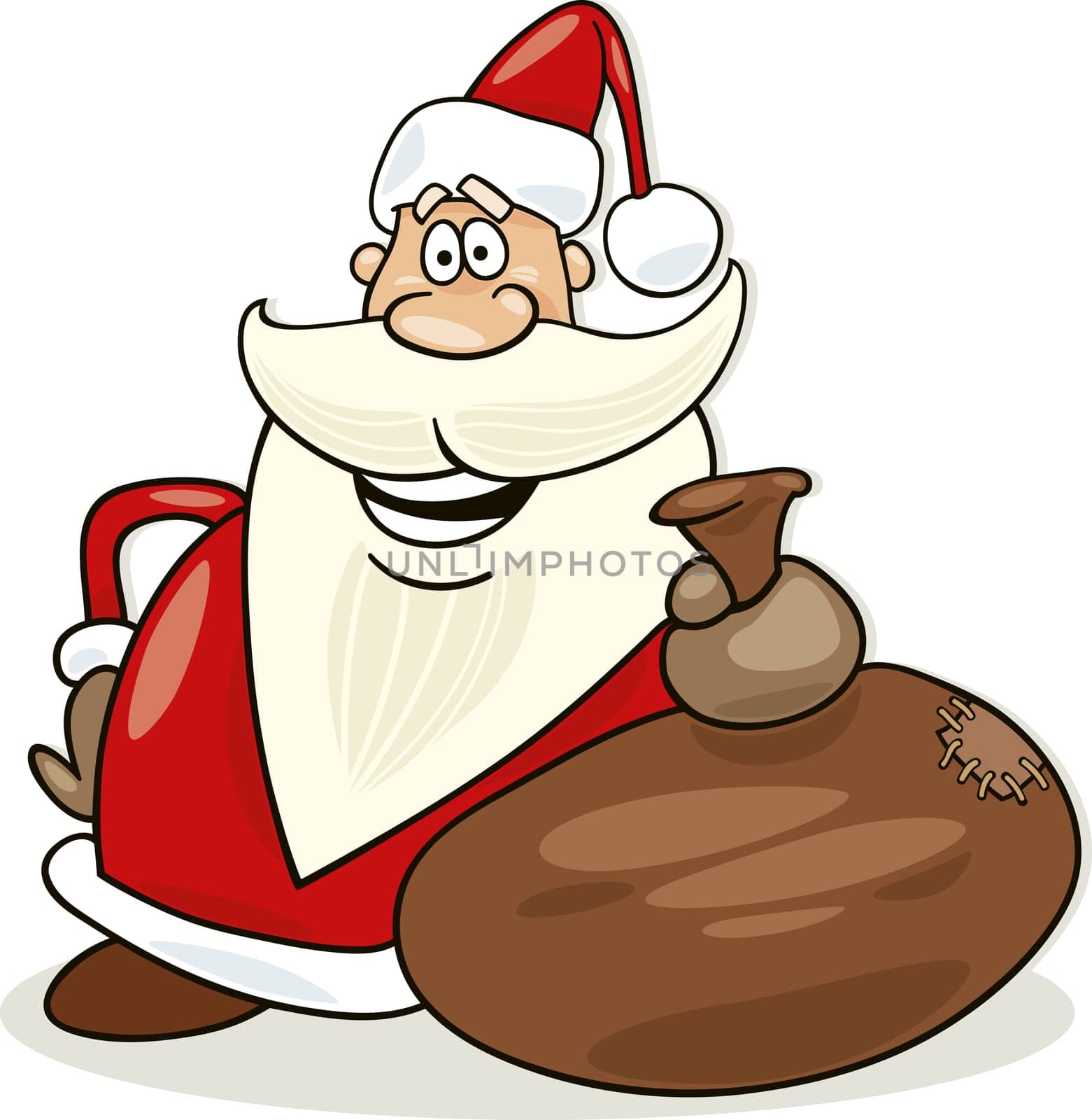 illustration of funny santa claus with sack of gifts