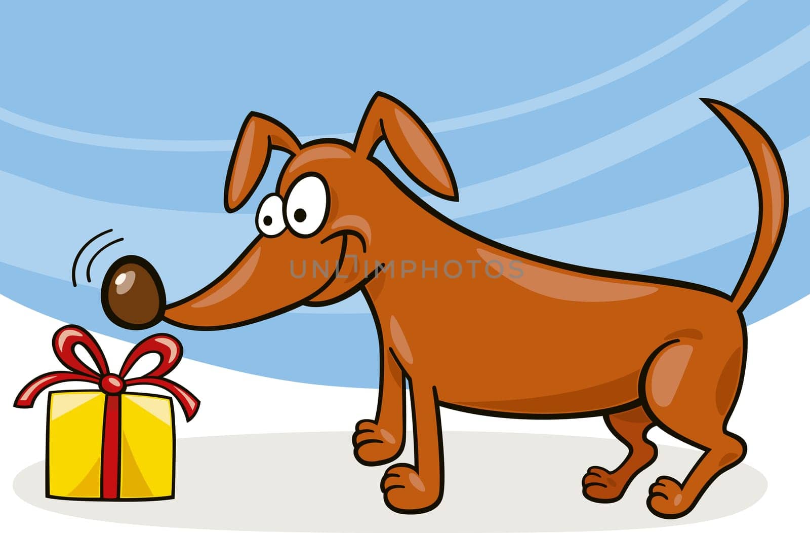 Illustration of cartoon dog and christmas gift