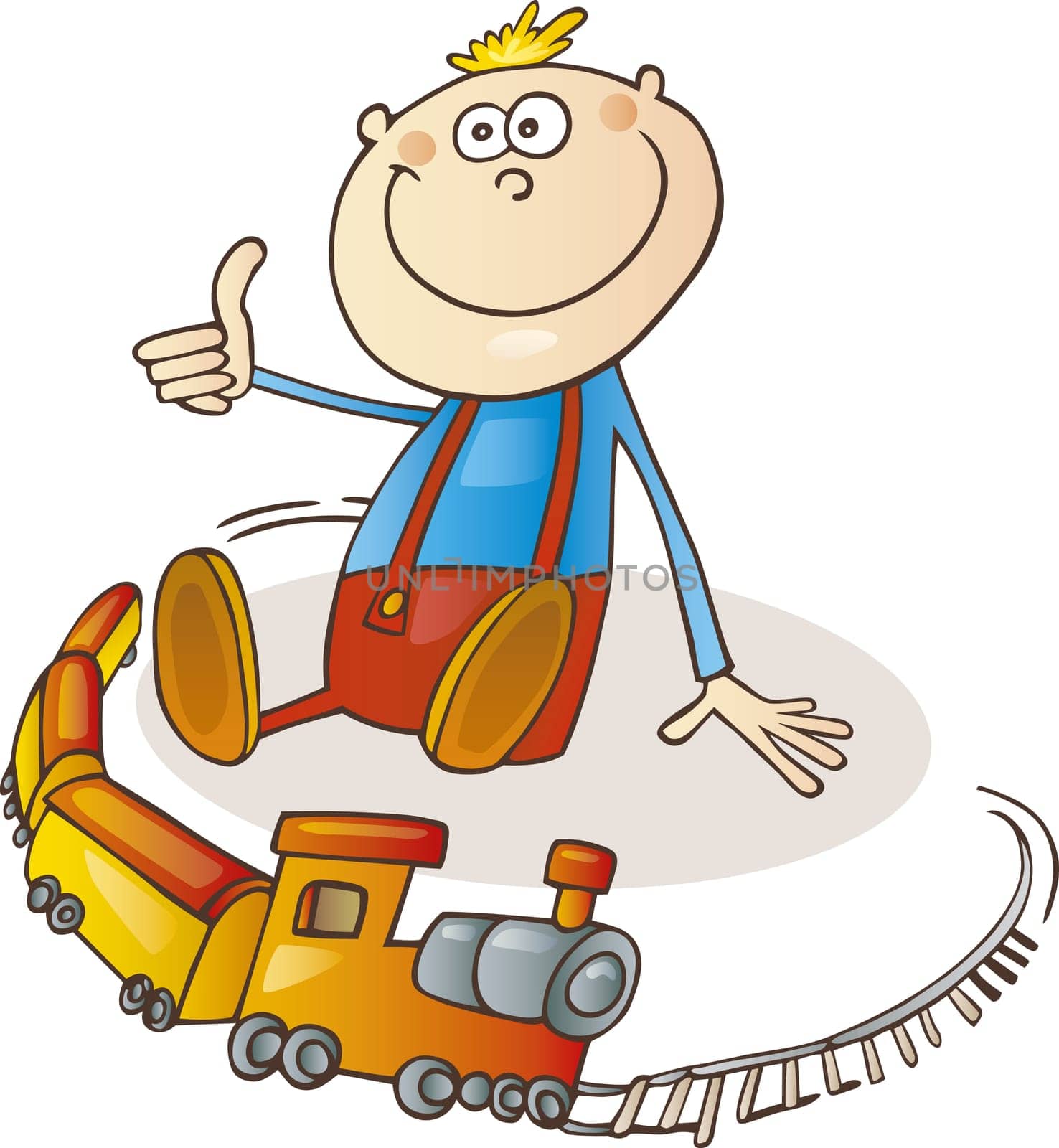Illustration of little boy with train set