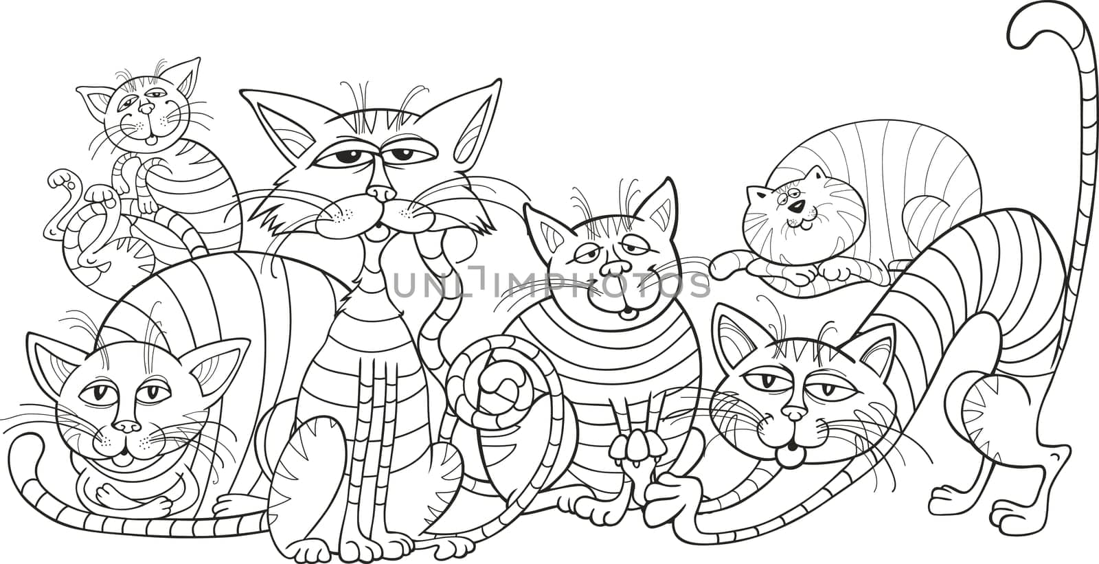 funny color cats group cartoon illustration for coloring book