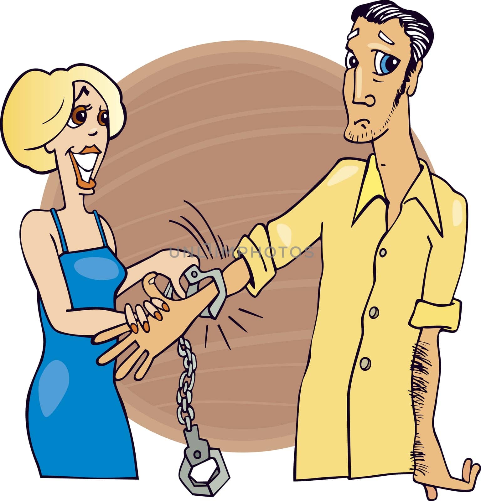 Humorous illustration of man trapped by handcuffs
