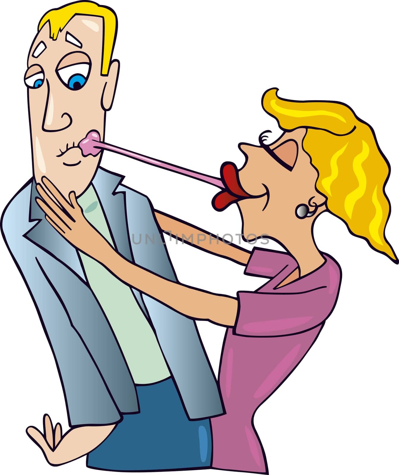 Humorous illustration of woman kissing man with chewing gum