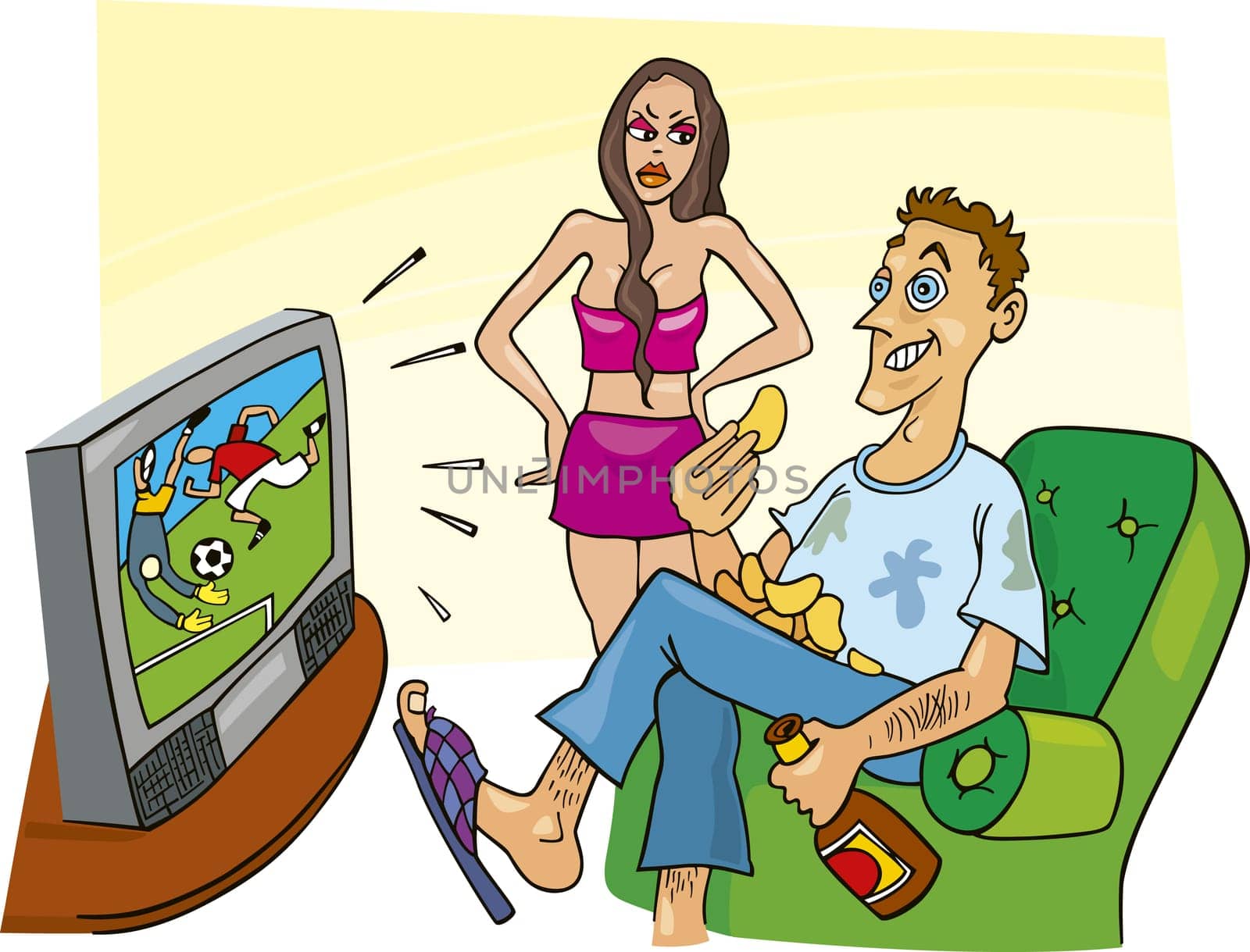 Humorous illustration of sport fan watching television and his angry wife
