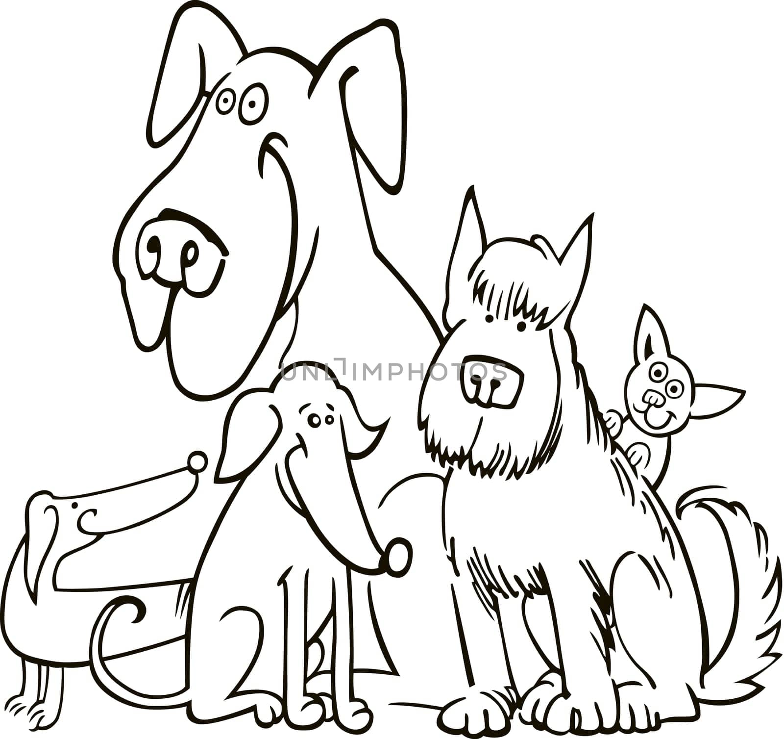 group of five dogs illustration for coloring book