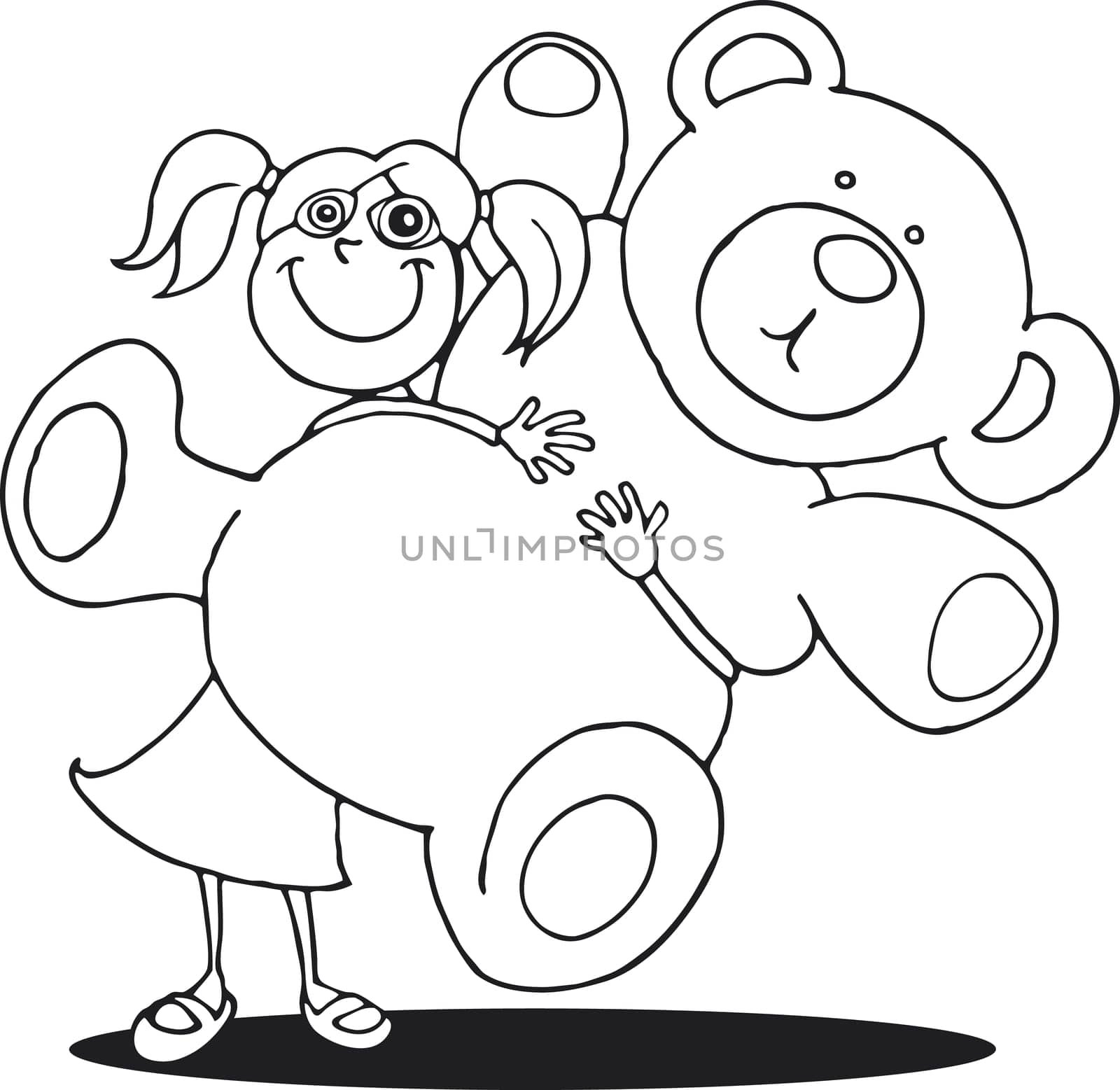 illustration of Girl with big teddy bear for coloring book