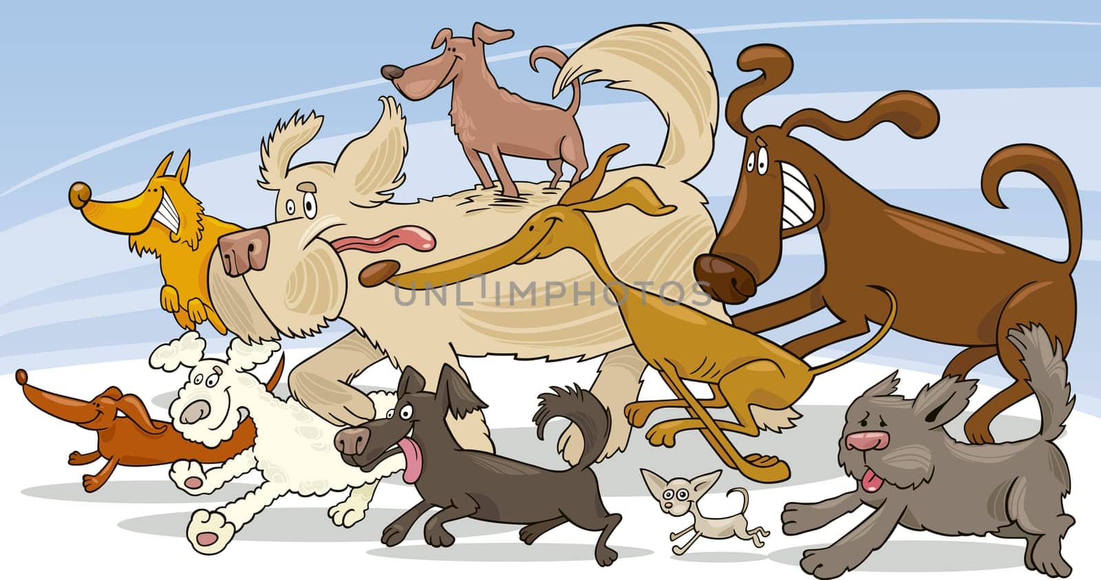 Illustration of group of running dogs
