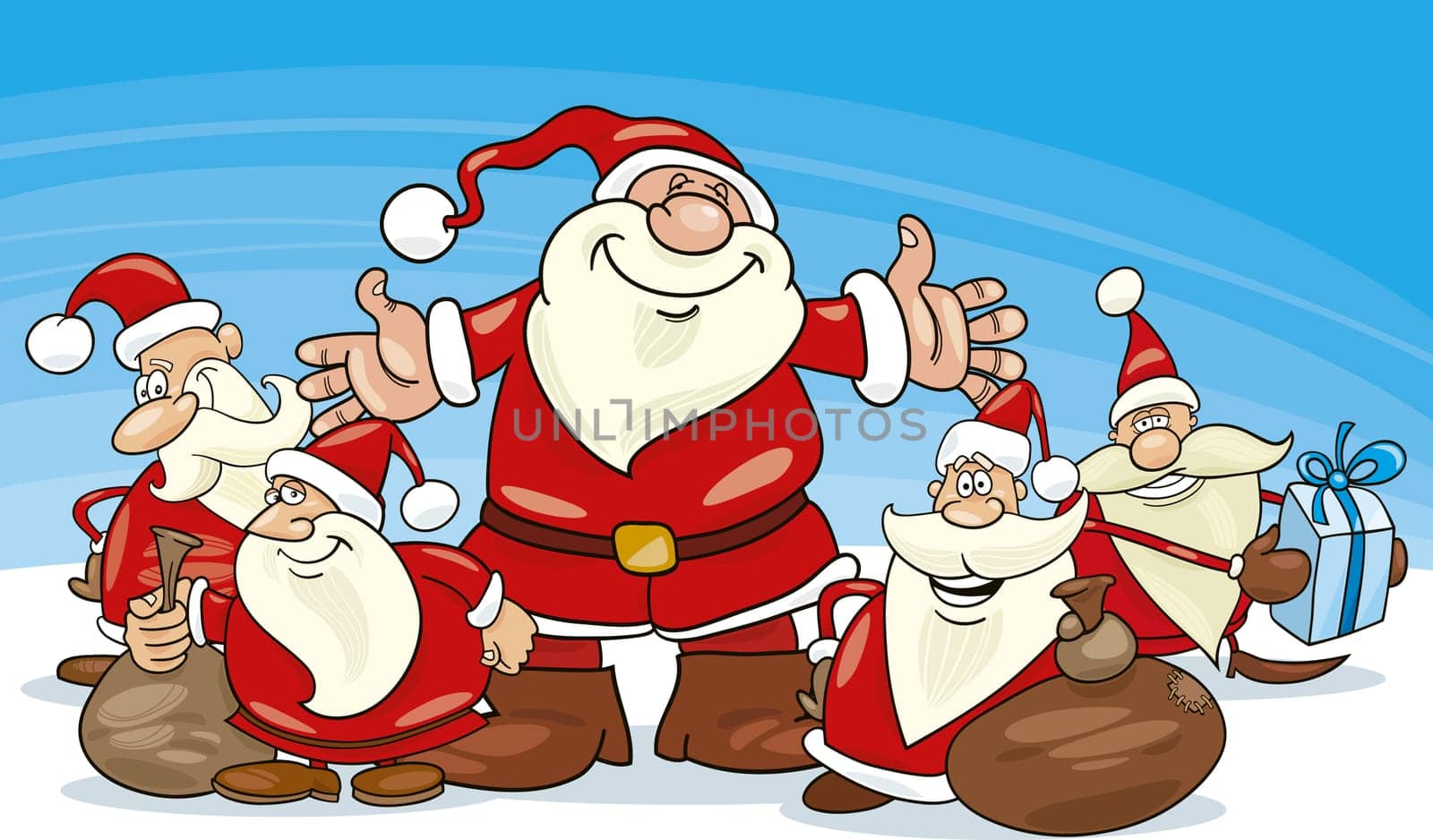 illustration of five santa clauses group