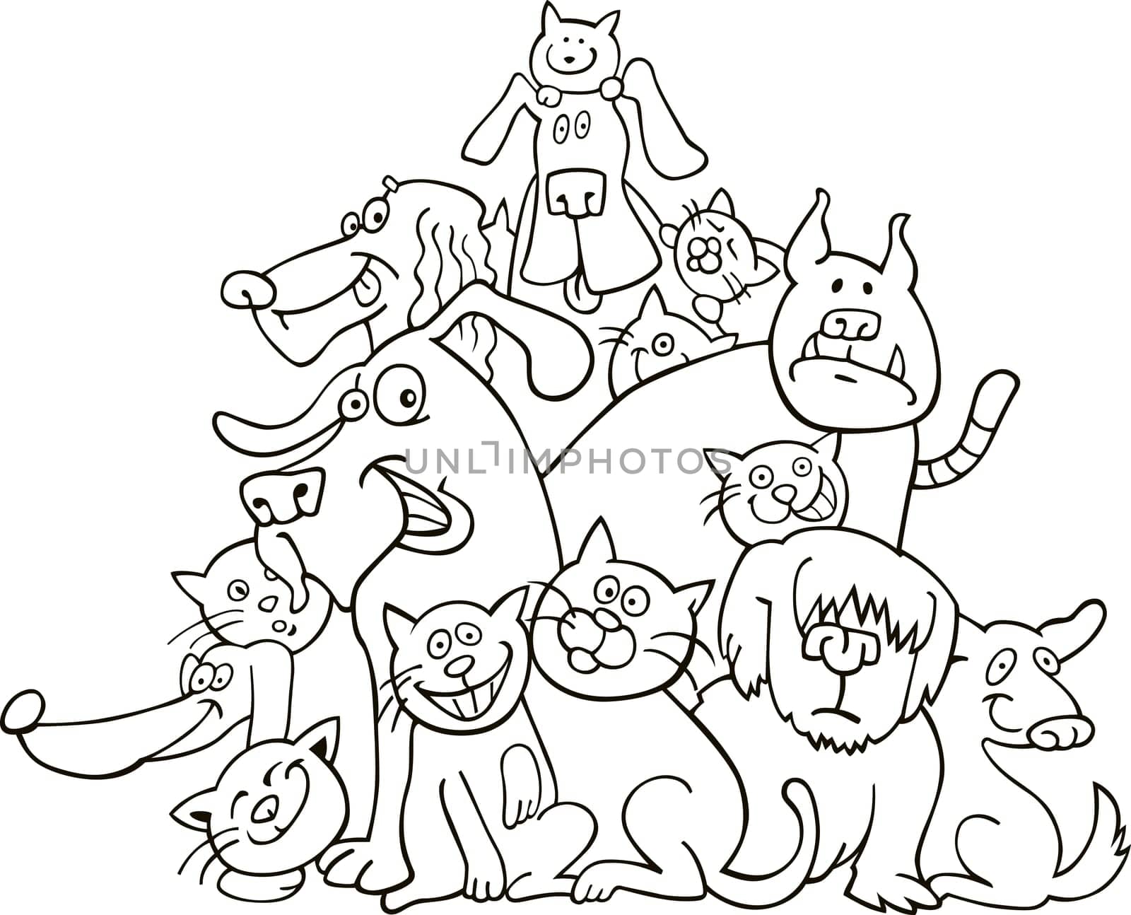 cats and dogs illustration for coloring book