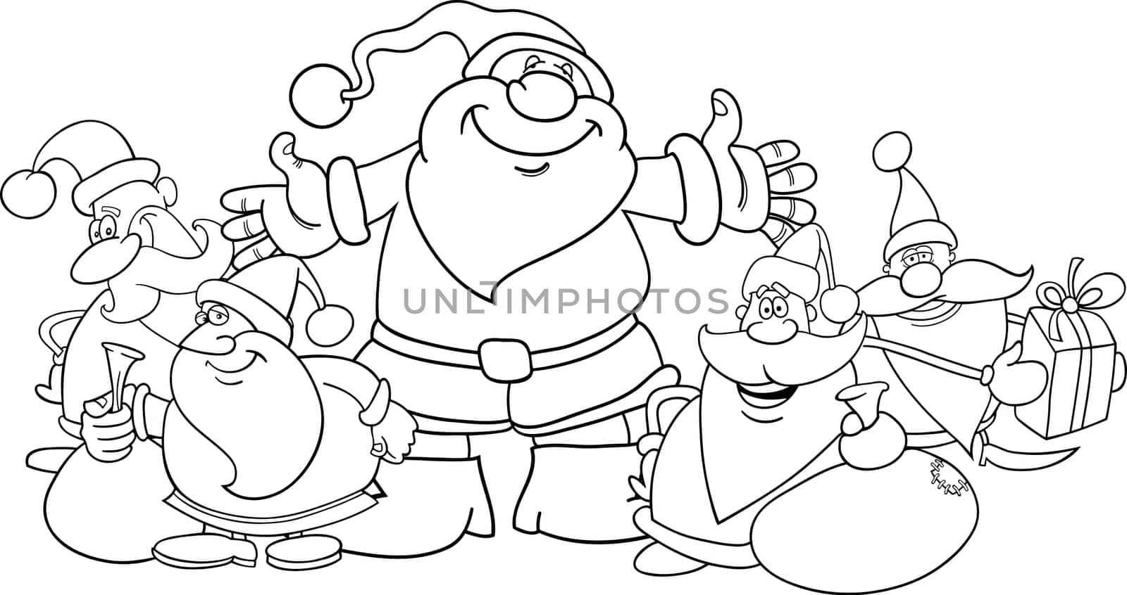 illustration of five santa clauses group for coloring book