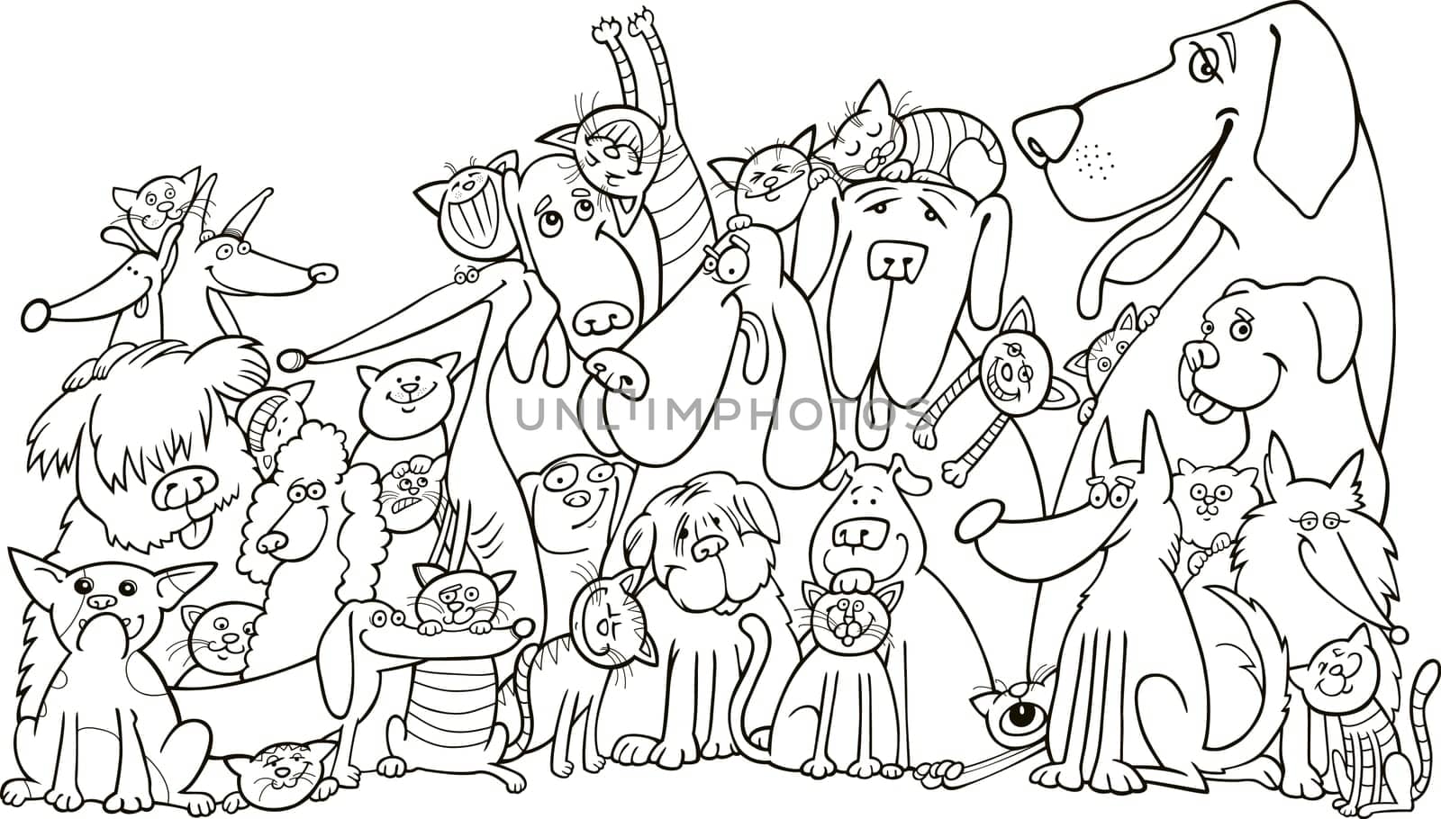illustration of group of Cats and Dogs for coloring book