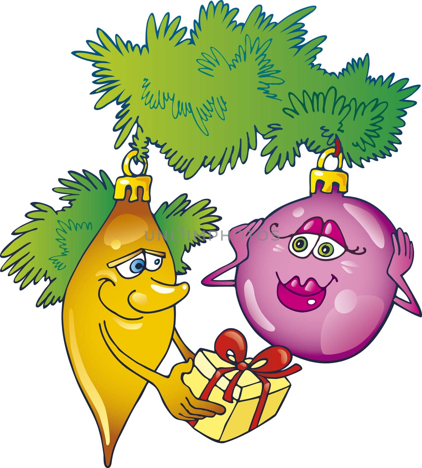 Two glass bubbles on christmas tree with gift