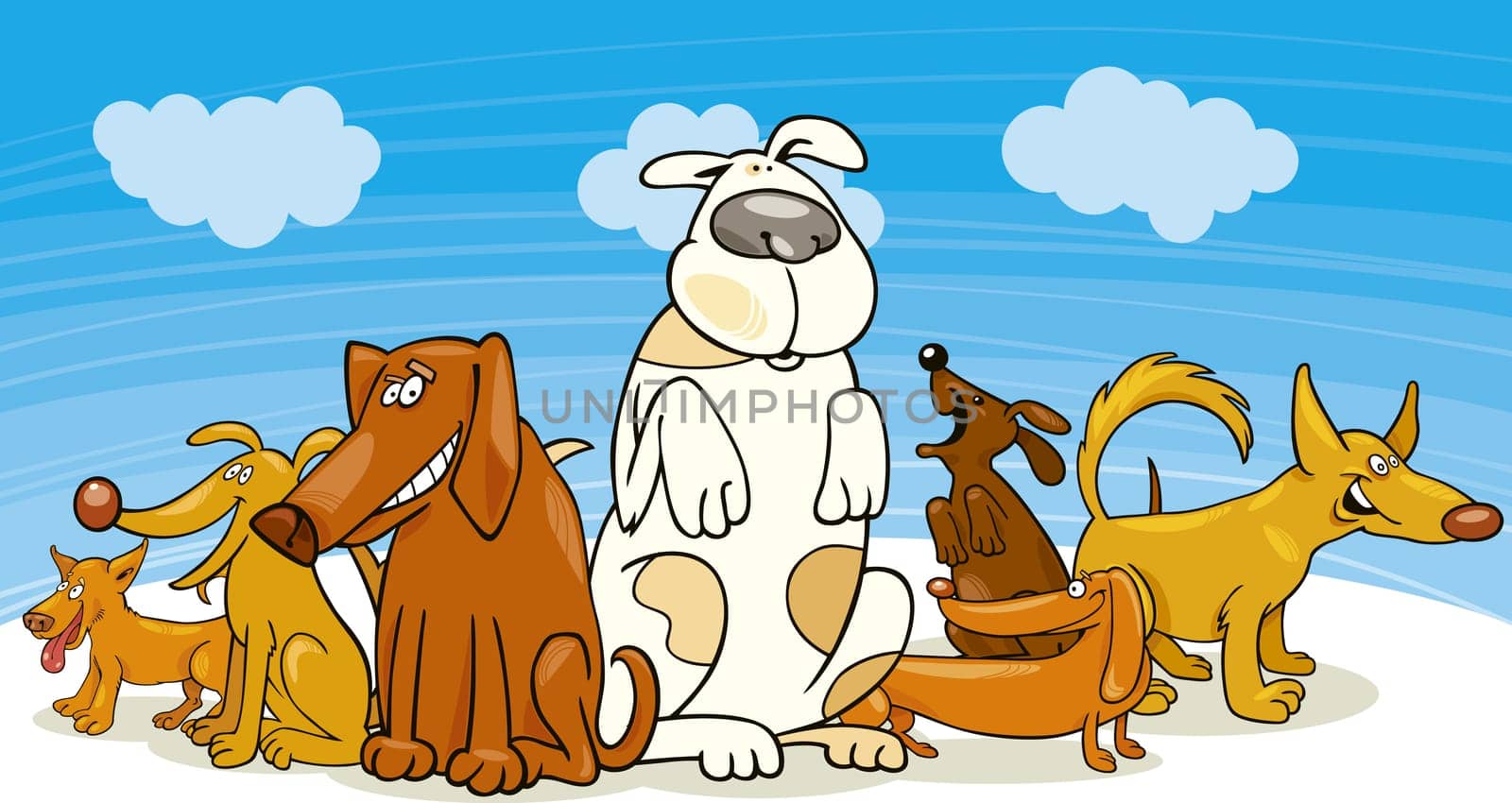 Cartoon illustration of group of funny dogs