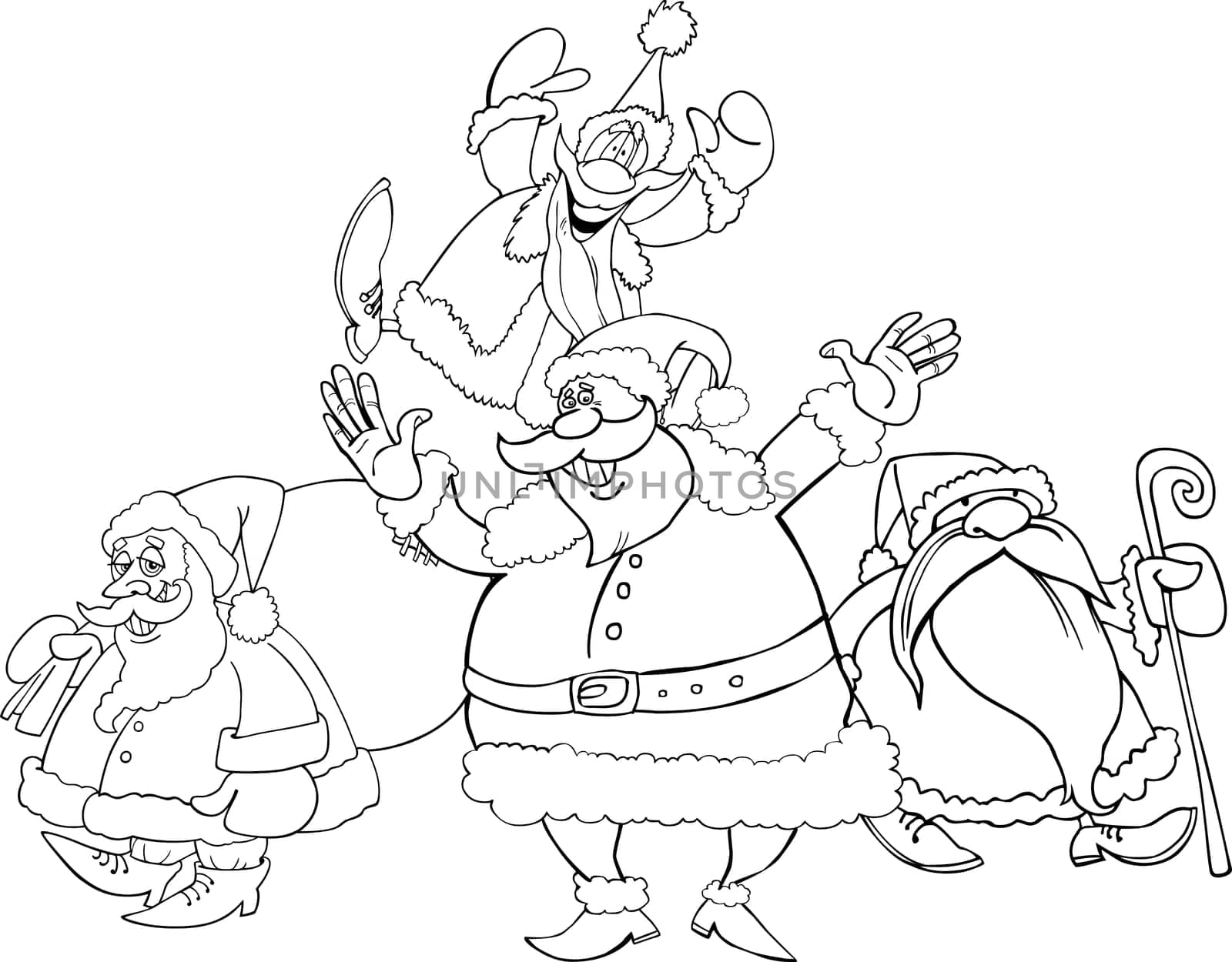 illustration of four santa clauses group for coloring book