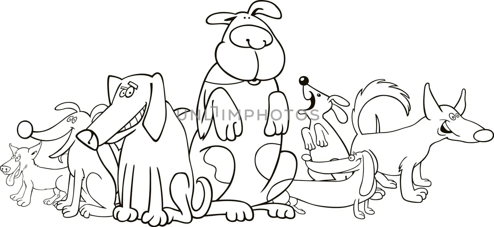 group of funny dogs illustration for coloring book