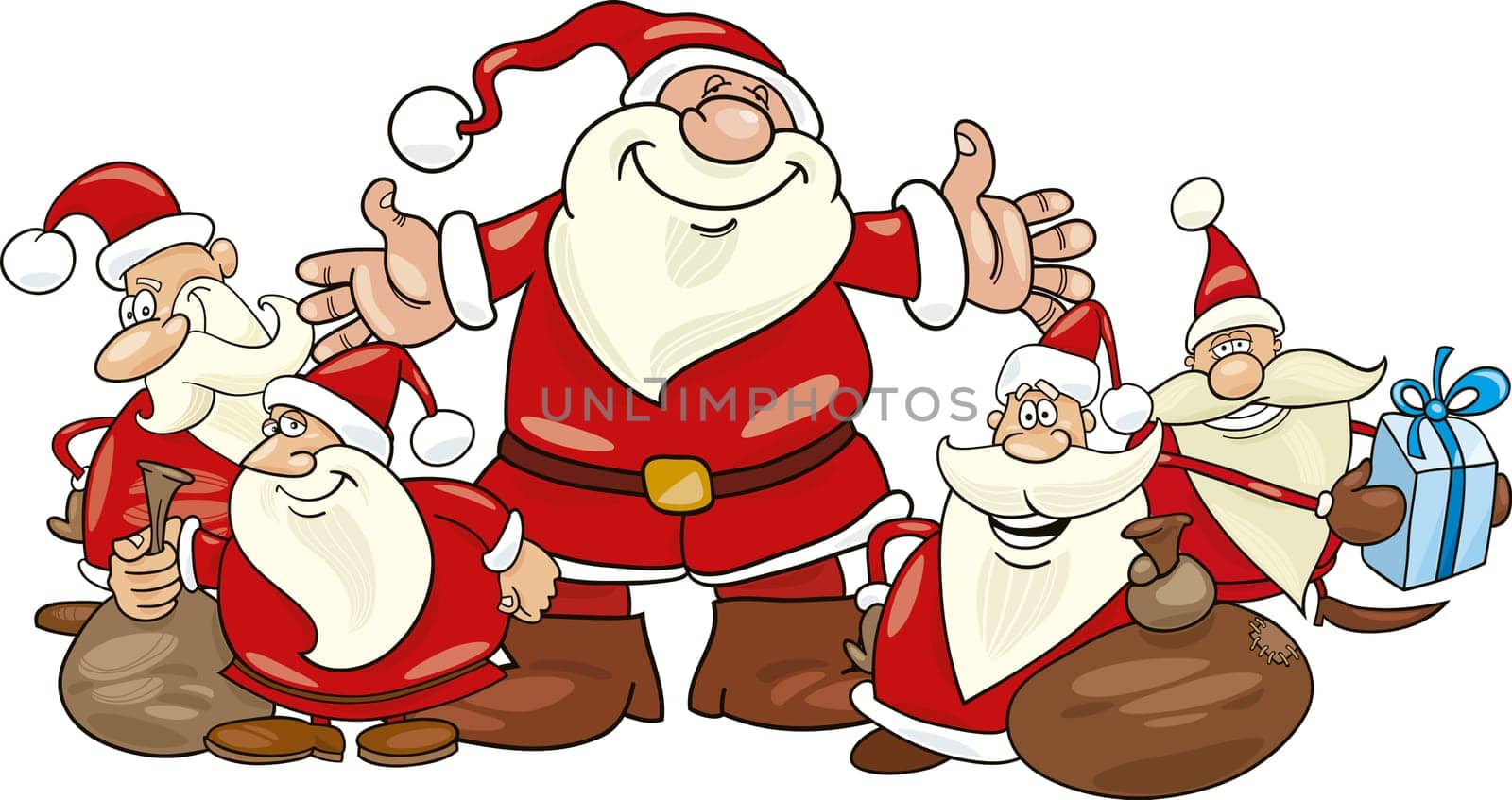 illustration of five santa clauses group