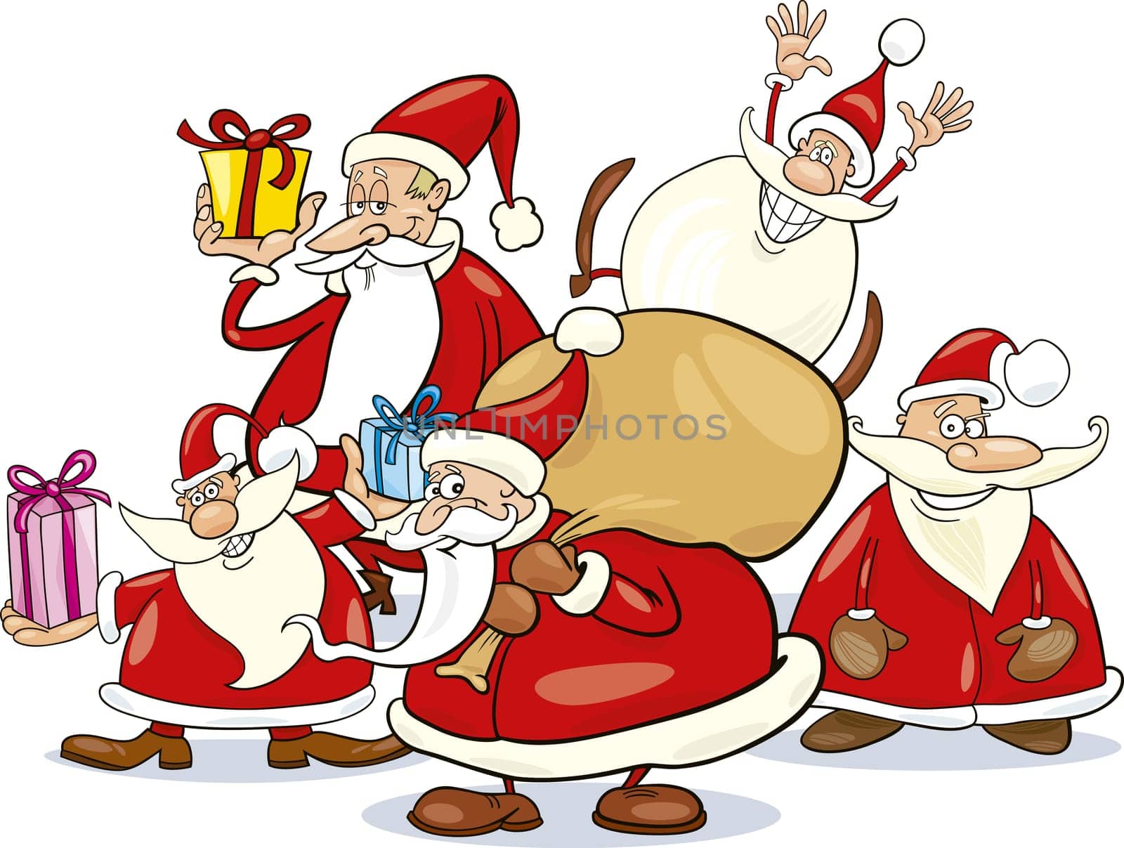 illustration of five santa clauses group