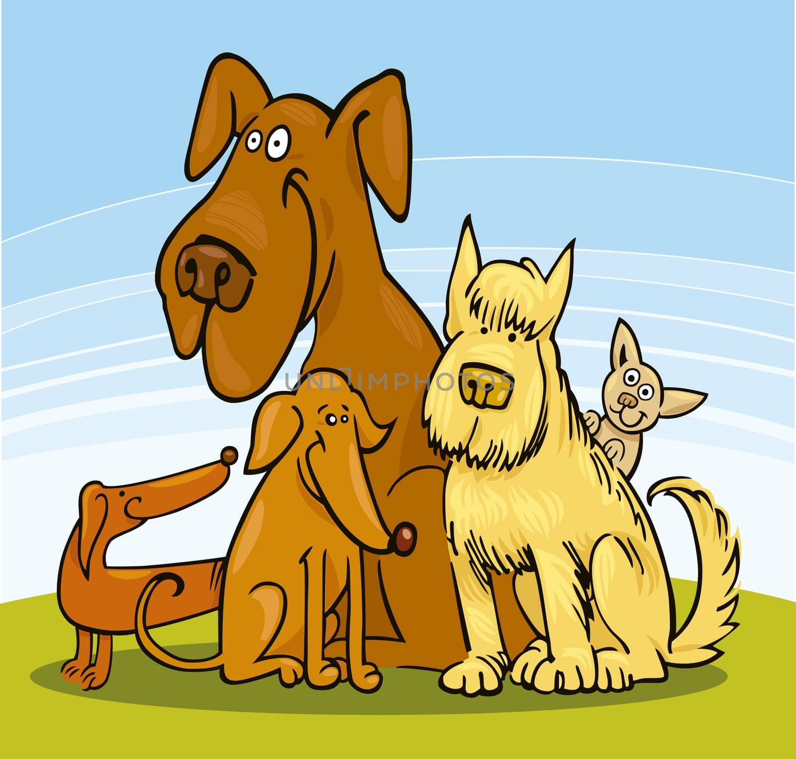 Illustration of Group of five funny Dogs