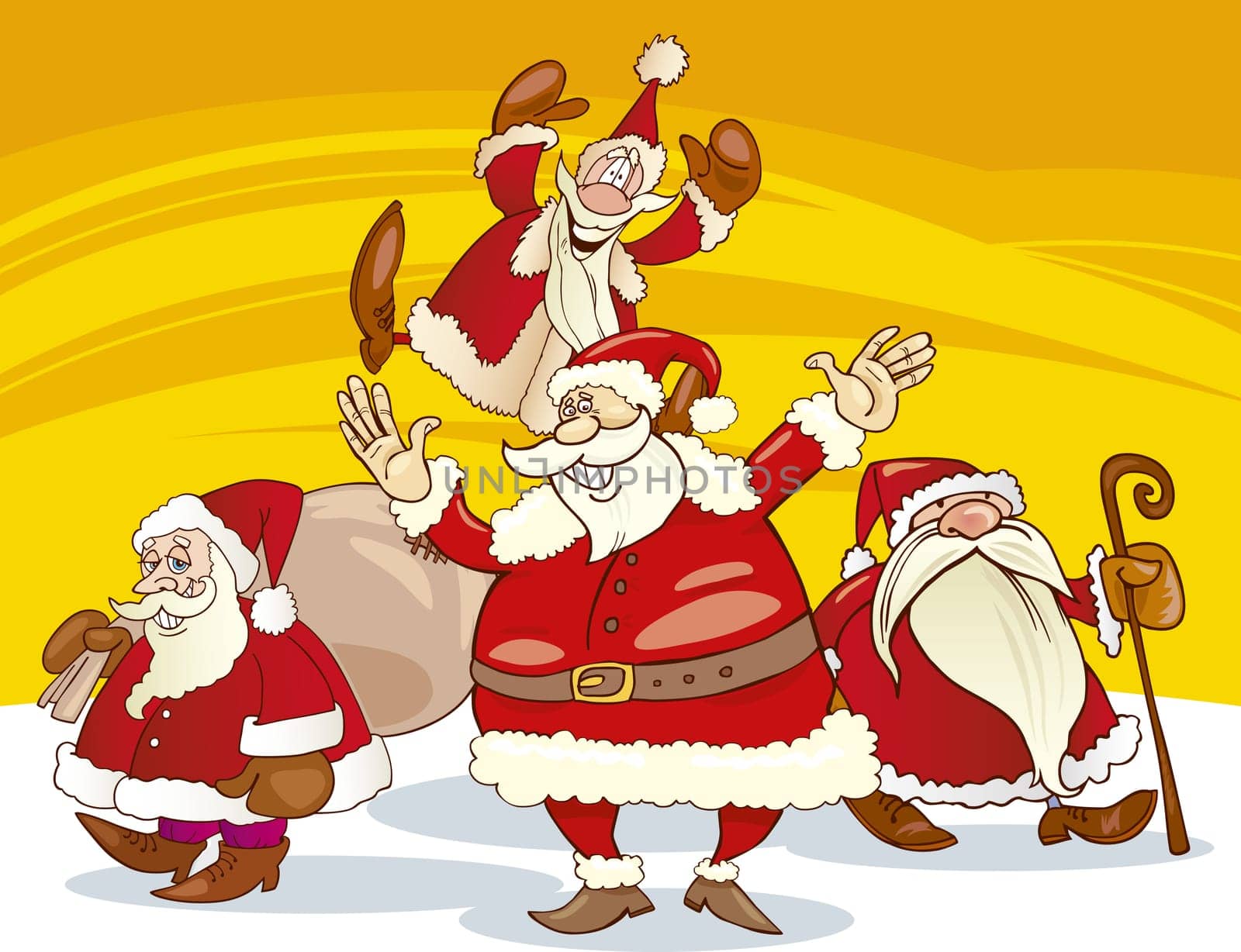 illustration of four santa clauses group