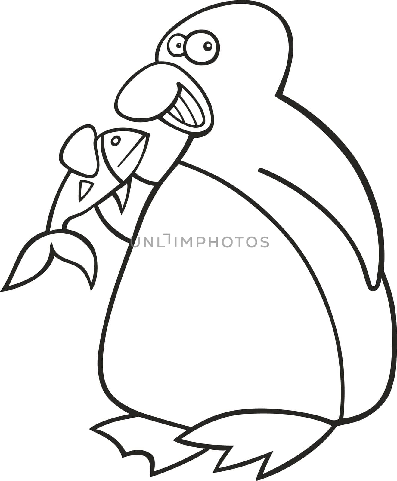 Illustration of funny penguin with fish for coloring book