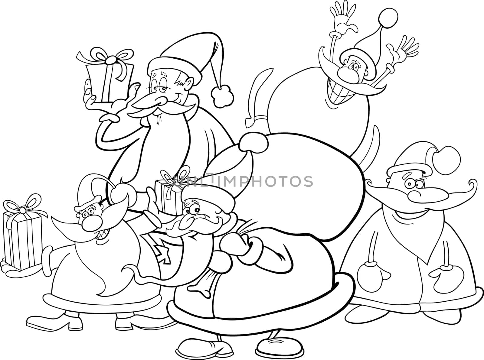 illustration of five santa clauses group for coloring book