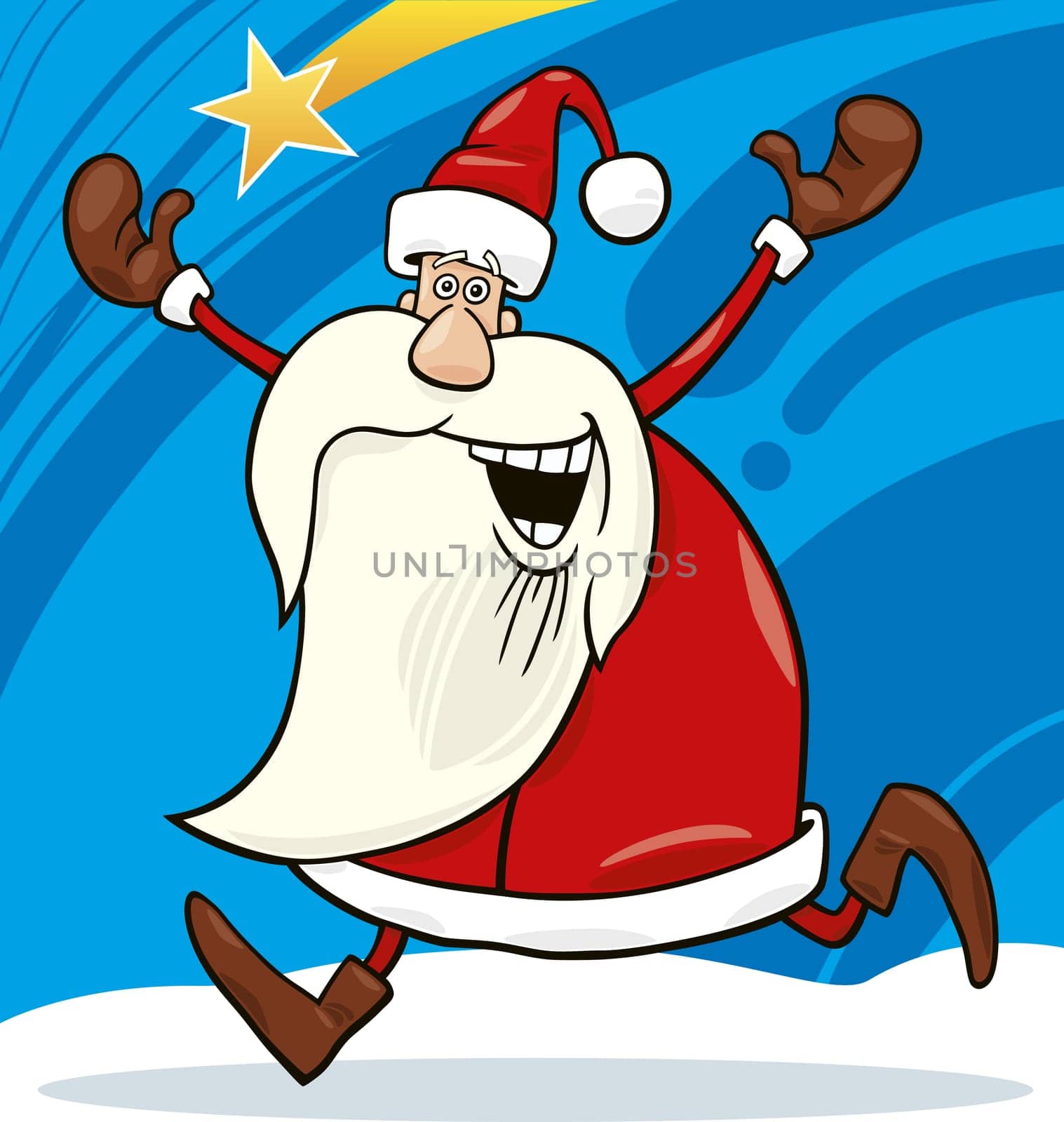 cartoon illustration of happy running santa