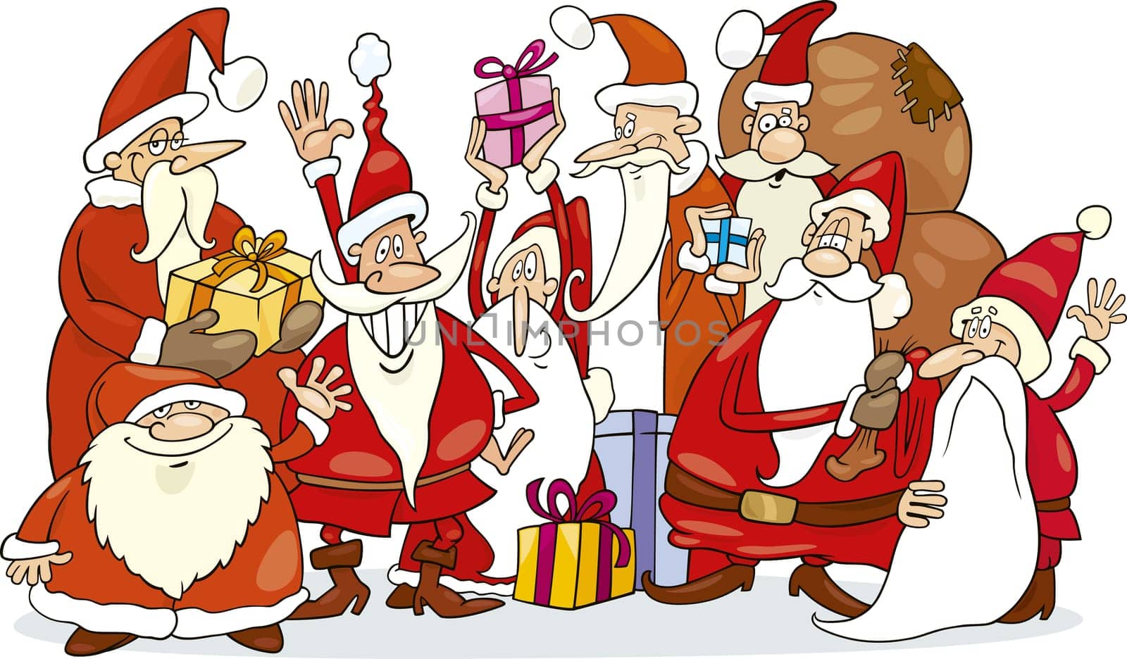 Cartoon illustration of santa claus group