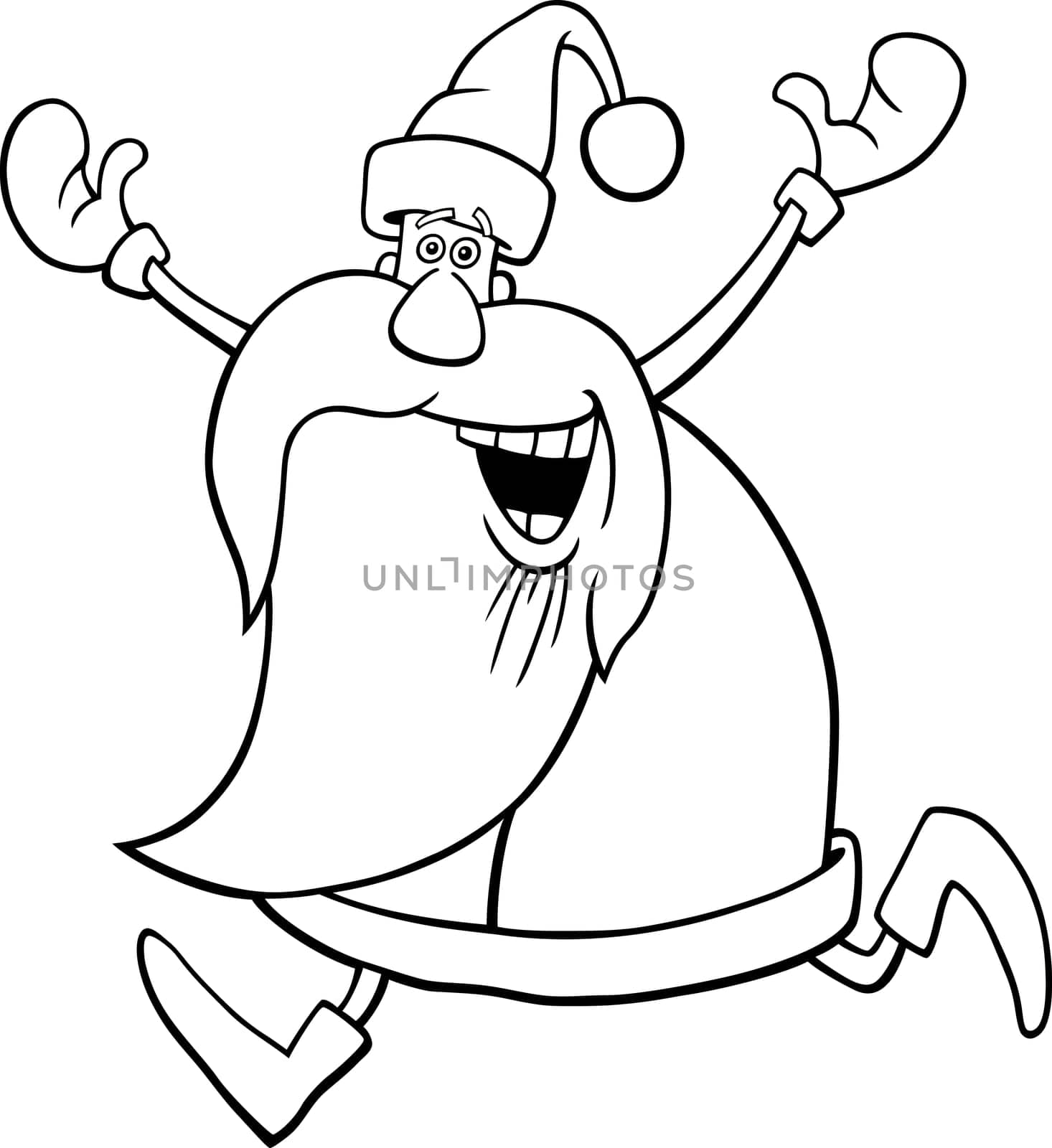 cartoon illustration of happy running santa for coloring book