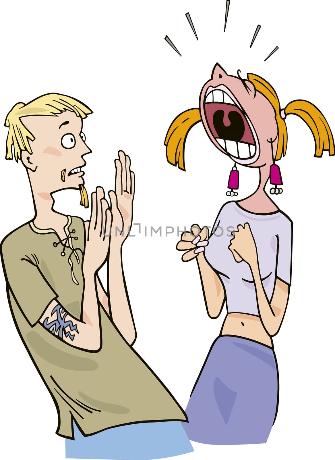 Illustration of scared guy and angry screaming girl