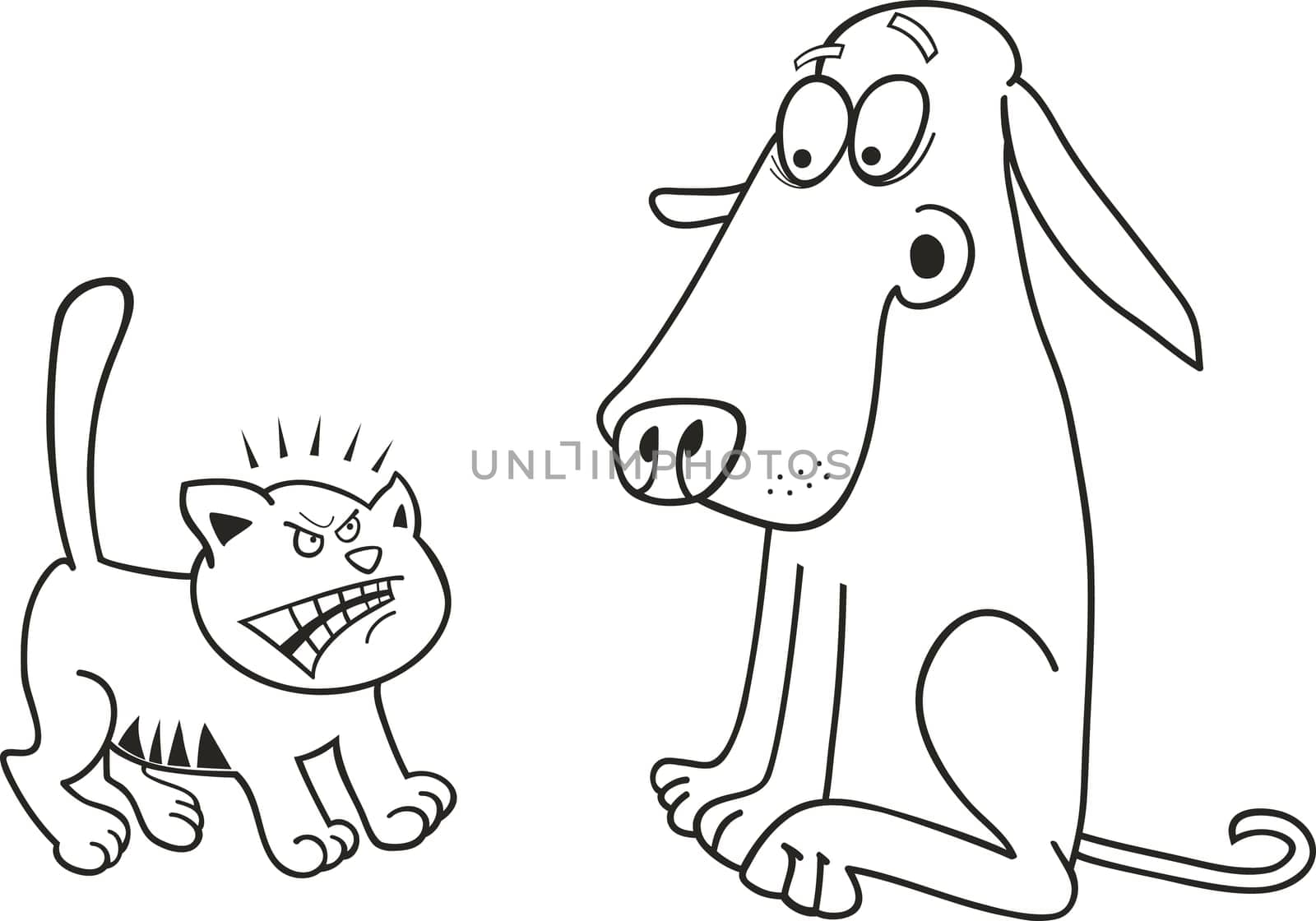 illustration of angry kitten and frightened dog for coloring book