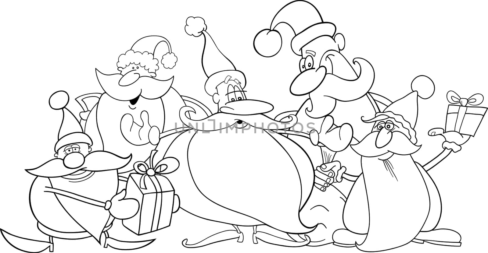 illustration of five santa clauses group for coloring book