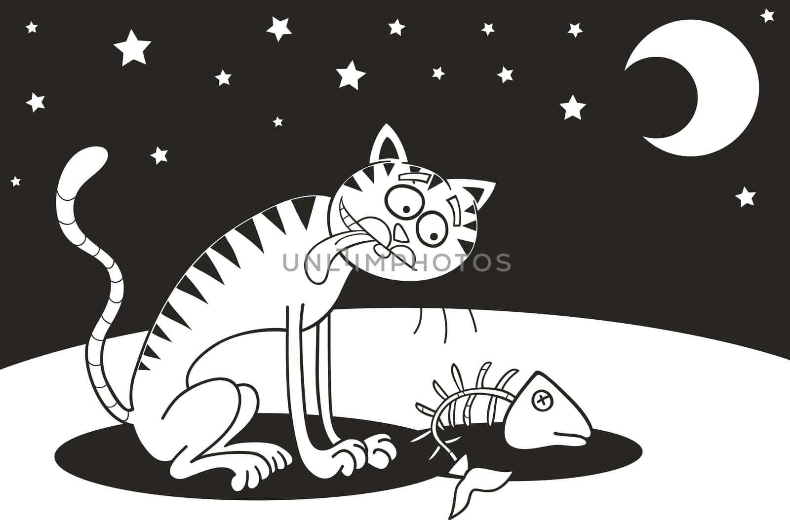 Cartoon illustration of hungry homeless cat for coloring book
