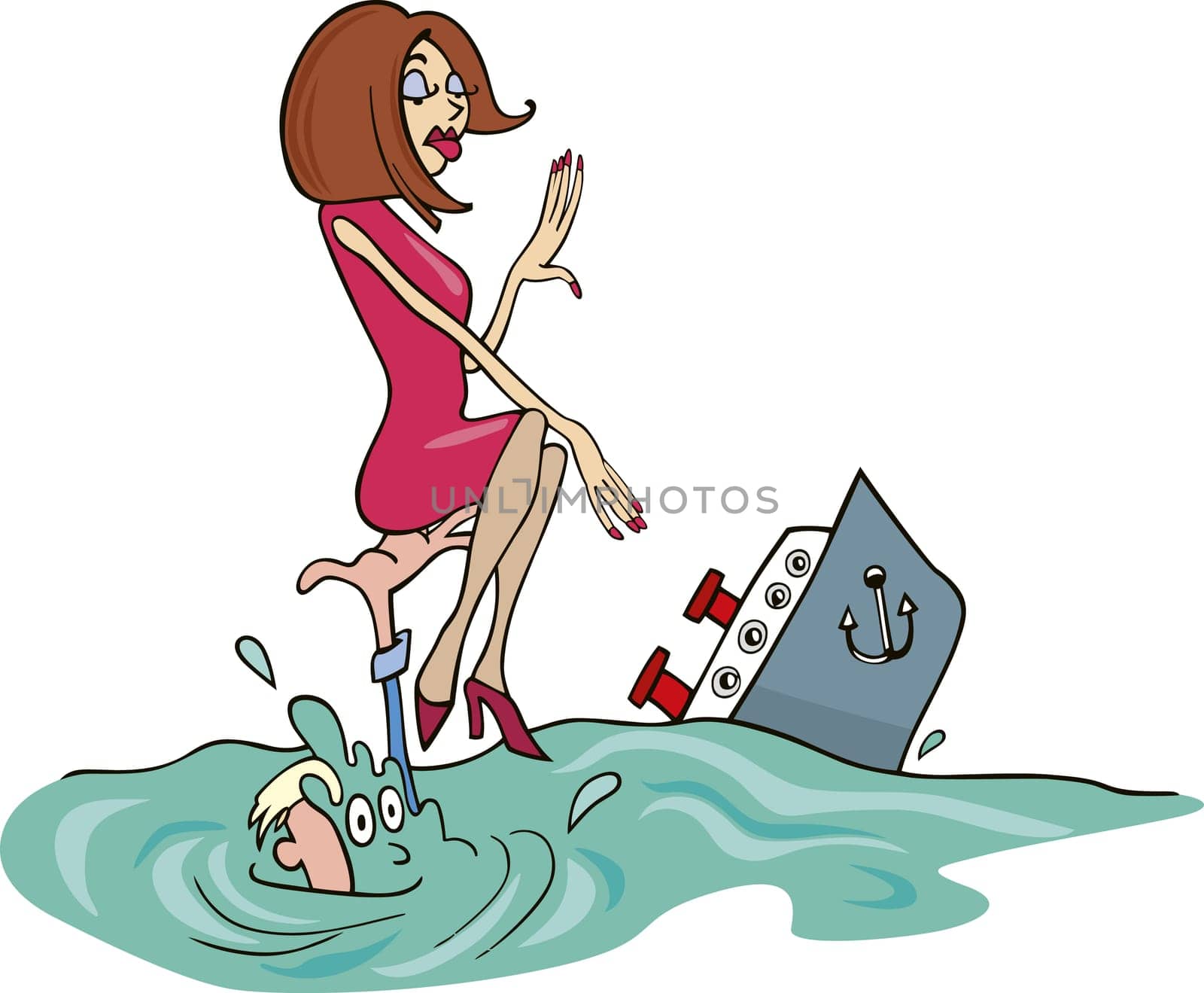 Illustration of shipwrecked couple in ocean