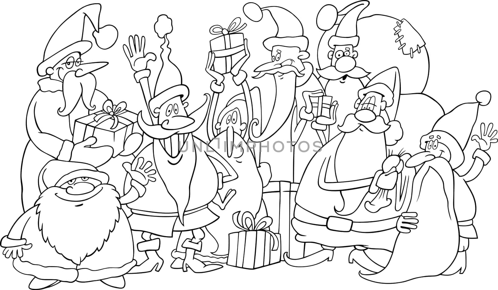 Cartoon illustration of santa claus group for coloring book