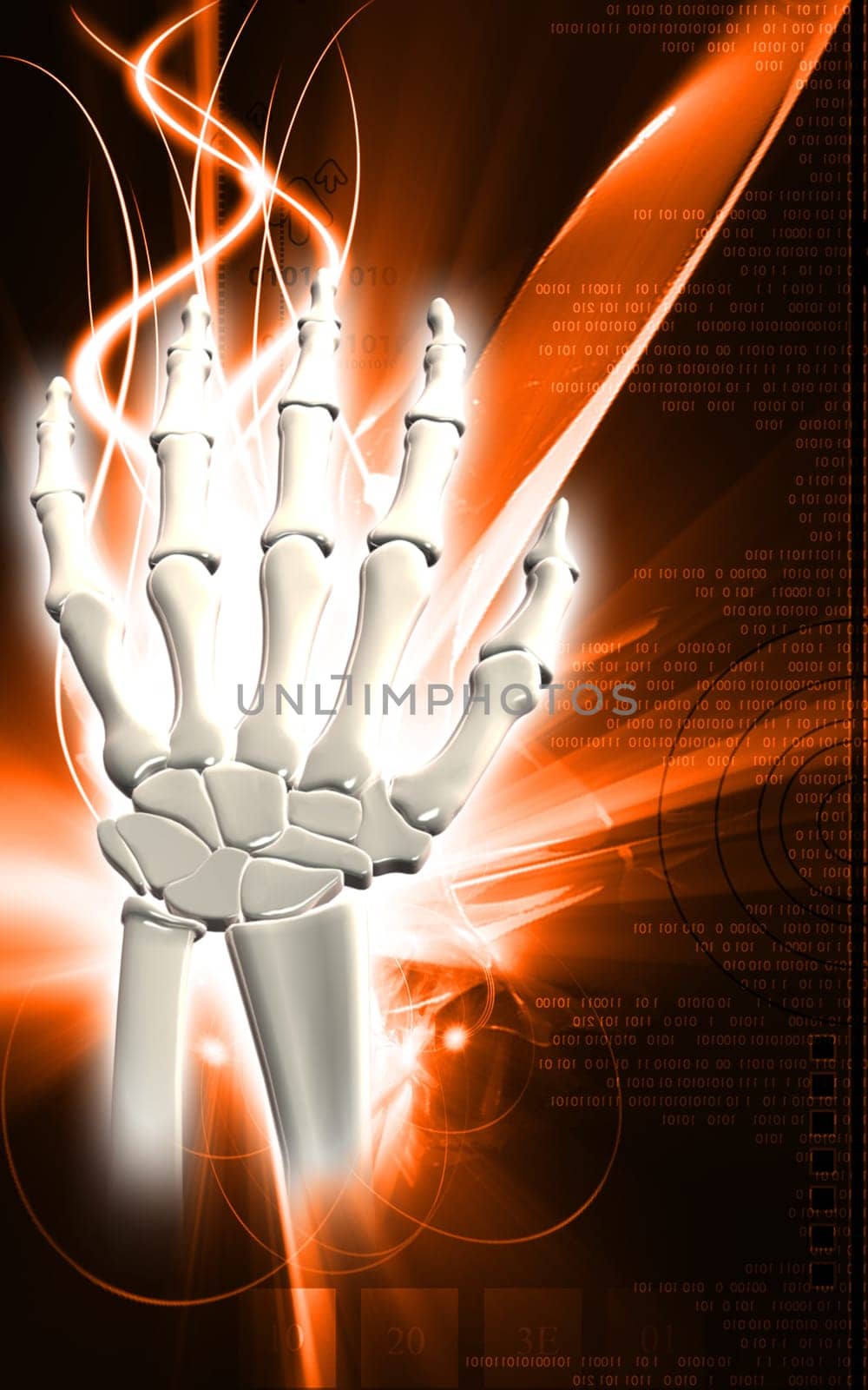 Digital illustration of hand bone in colour background