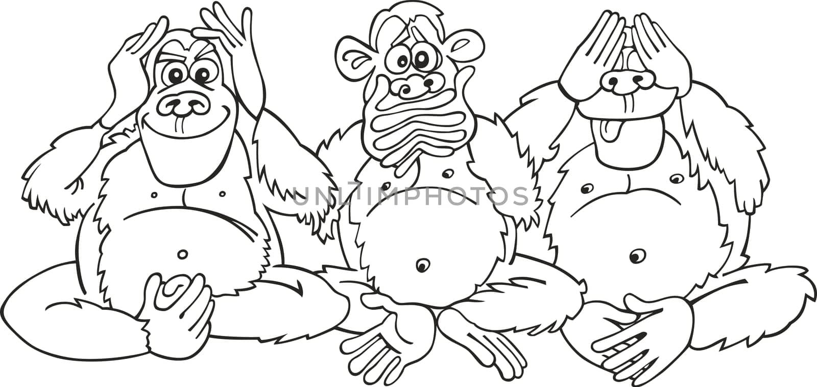 illustration of three sitting monkeys for coloring book