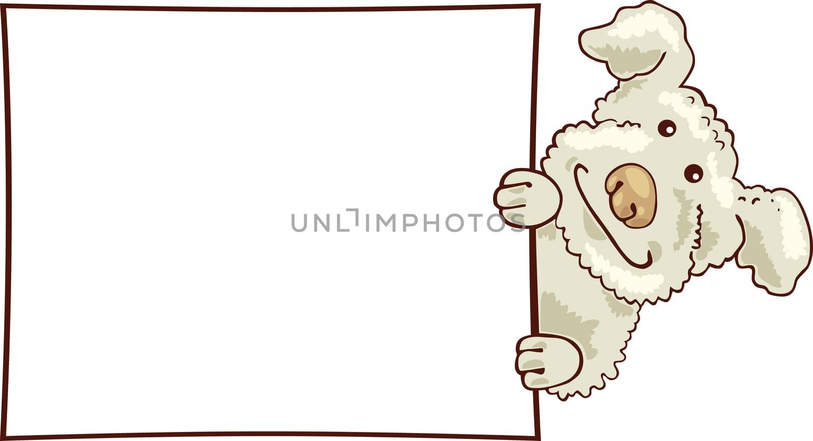 Illustration of White puddle dog with card