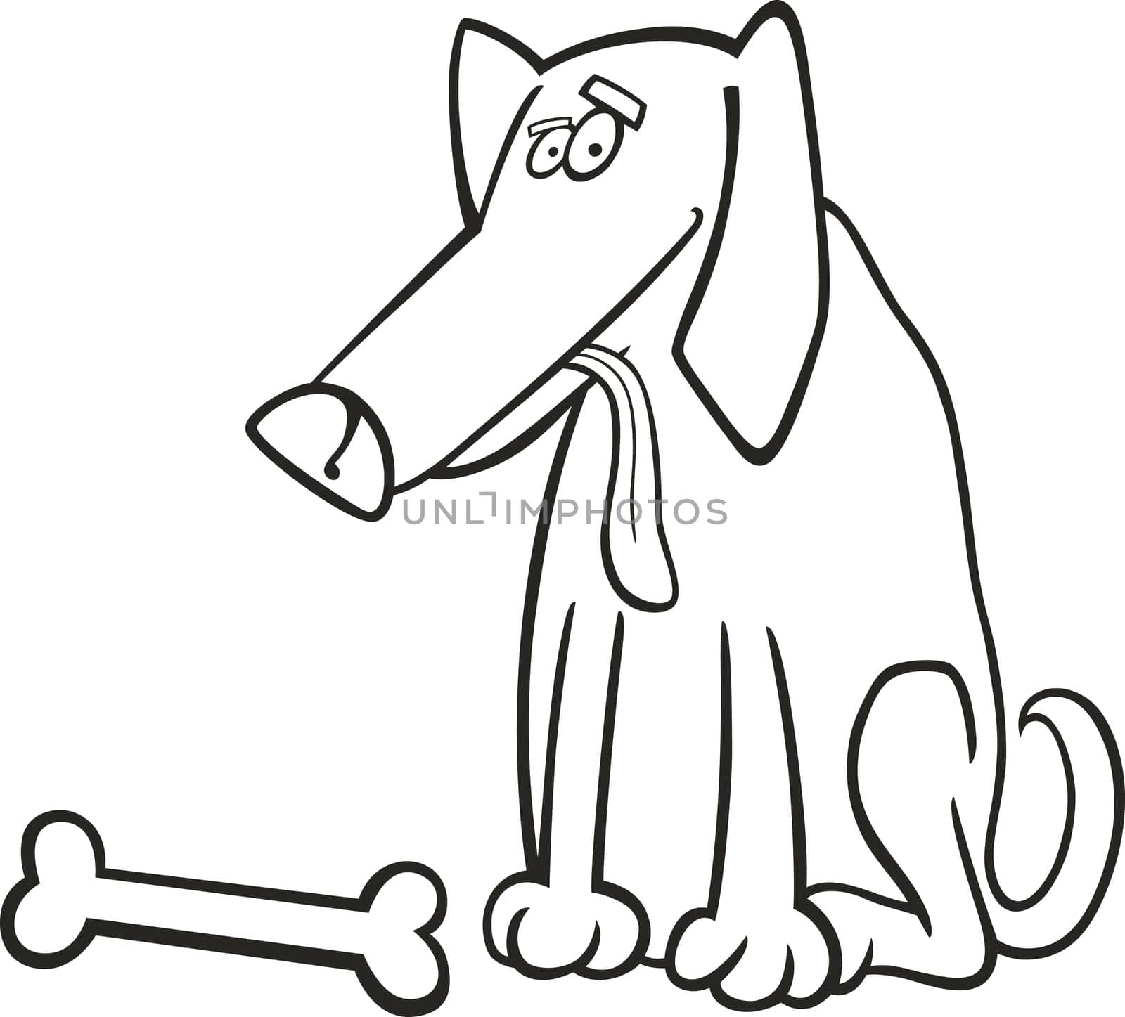 Cartoon illustration of dog with bone for coloring book
