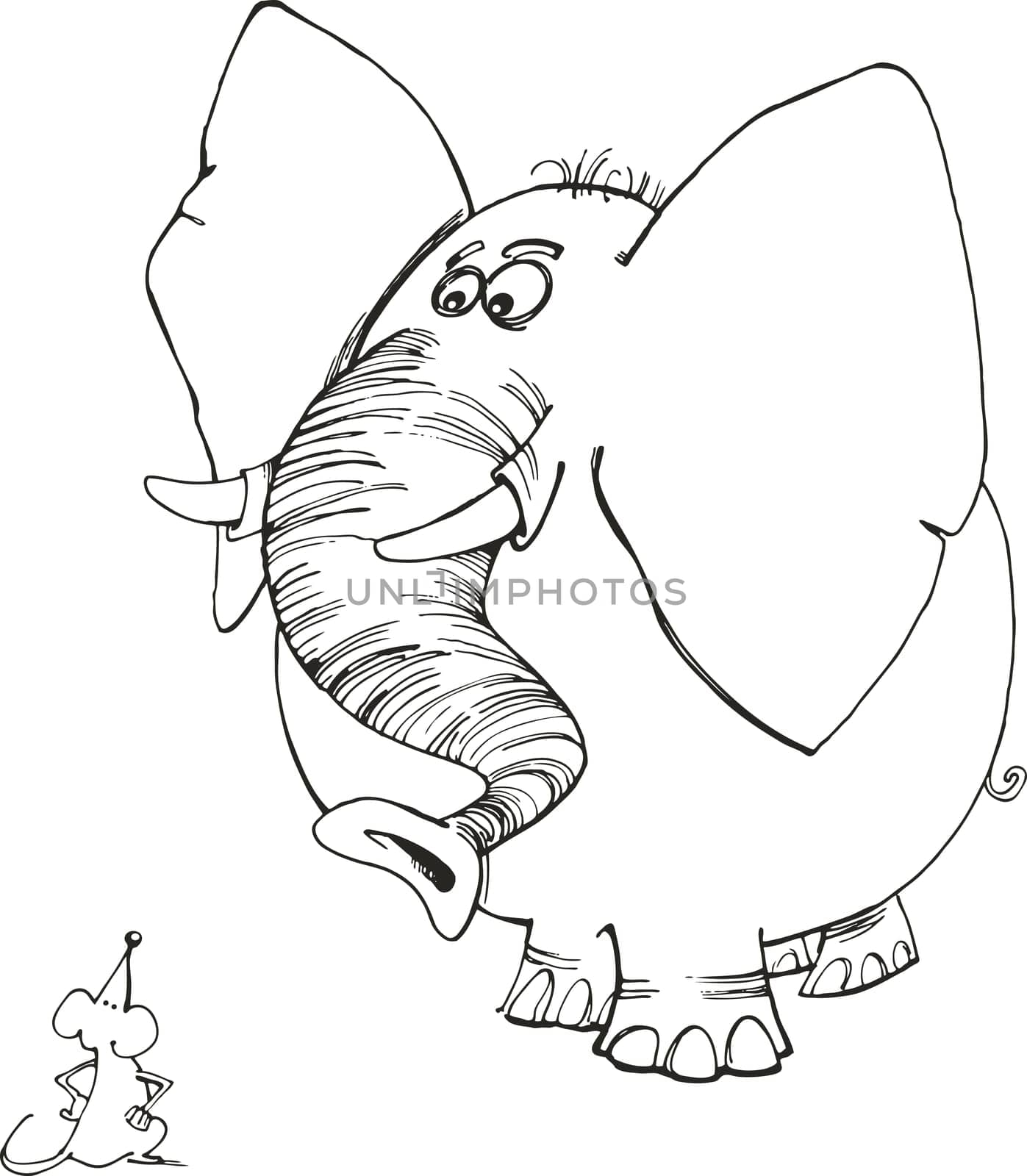 Illustration of elephant and mouse for coloring book