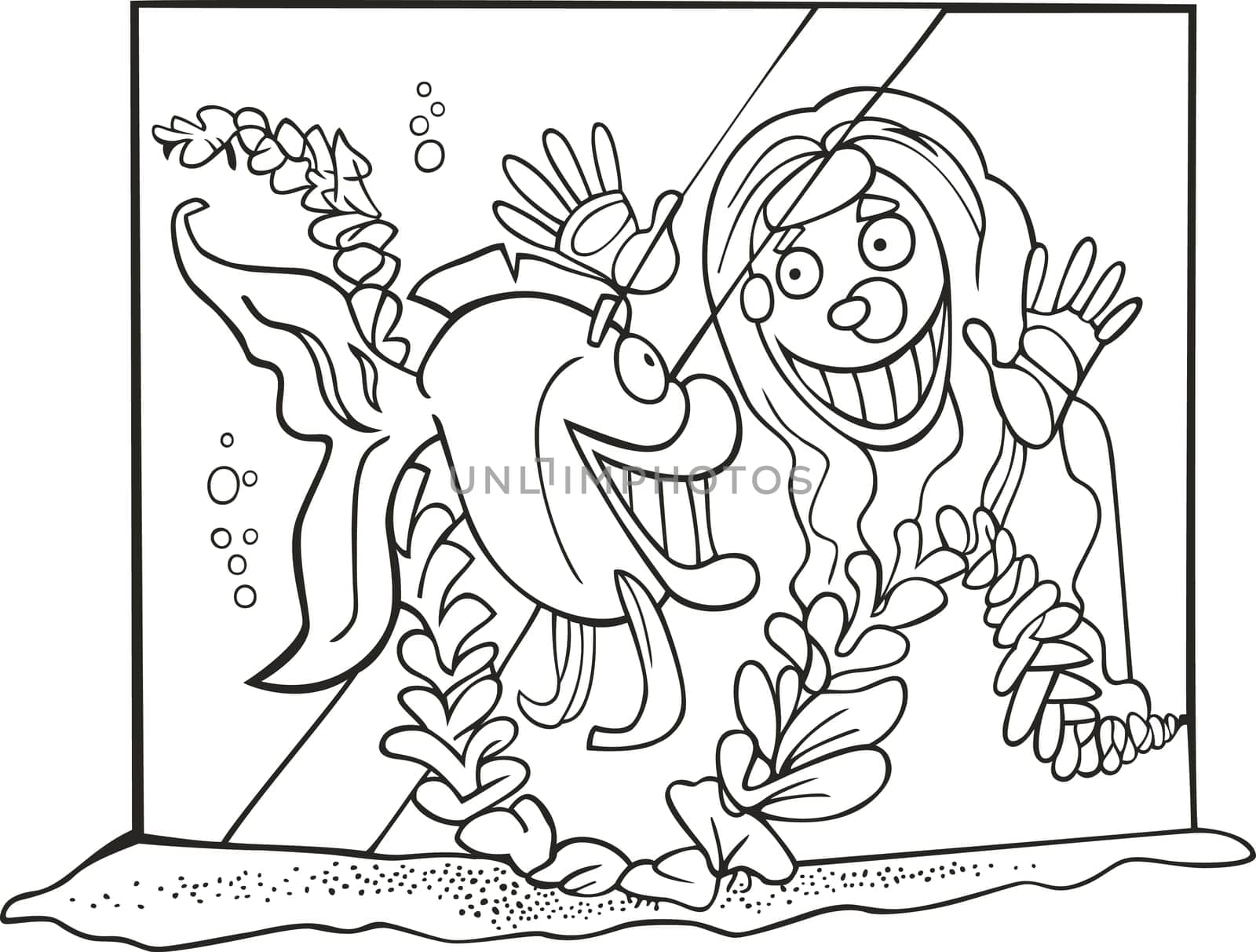 illustration of girl and fish in tank for coloring book