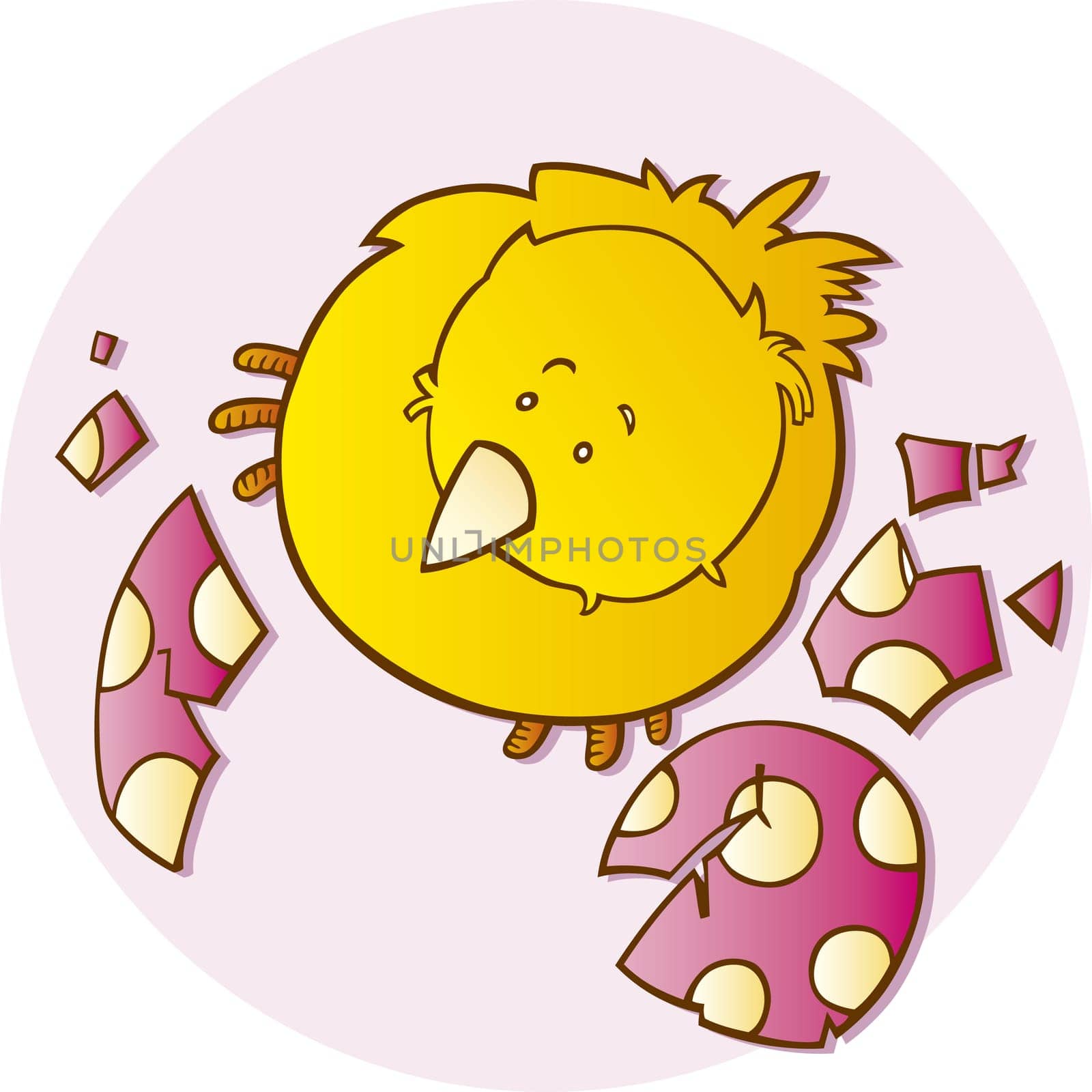 Illustration of funny Easter little chick and egg pieces