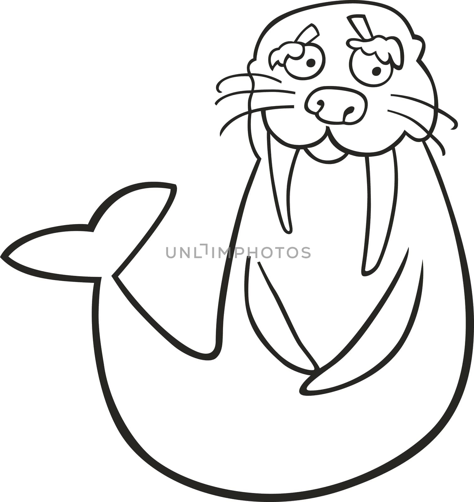 Cartoon illustration of funny walrus for coloring book
