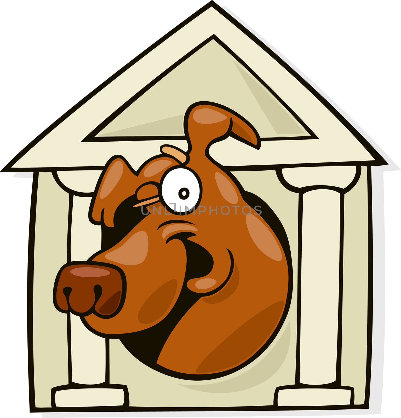 Illustration of dog in classic doghouse
